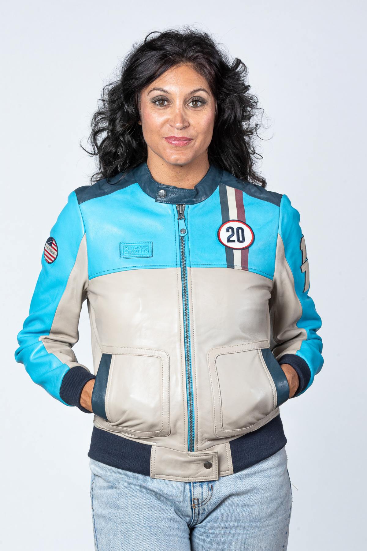 Steve McQueen Women's Nordic Blue Racing Leather Jacket - Image n°5