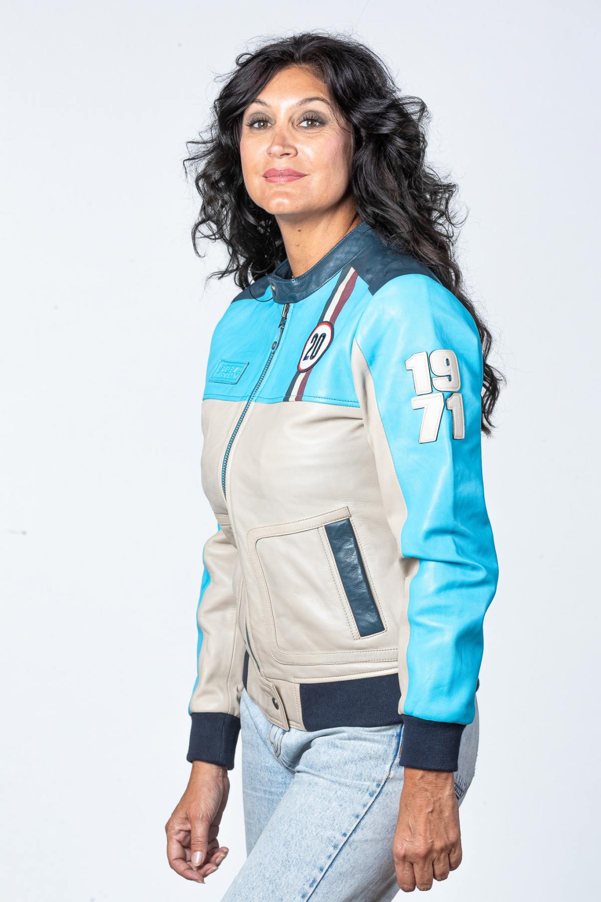 Steve McQueen Women's Nordic Blue Racing Leather Jacket - Image n°6