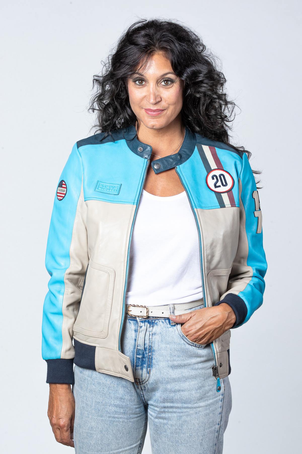 Steve McQueen Women's Nordic Blue Racing Leather Jacket - Image n°1