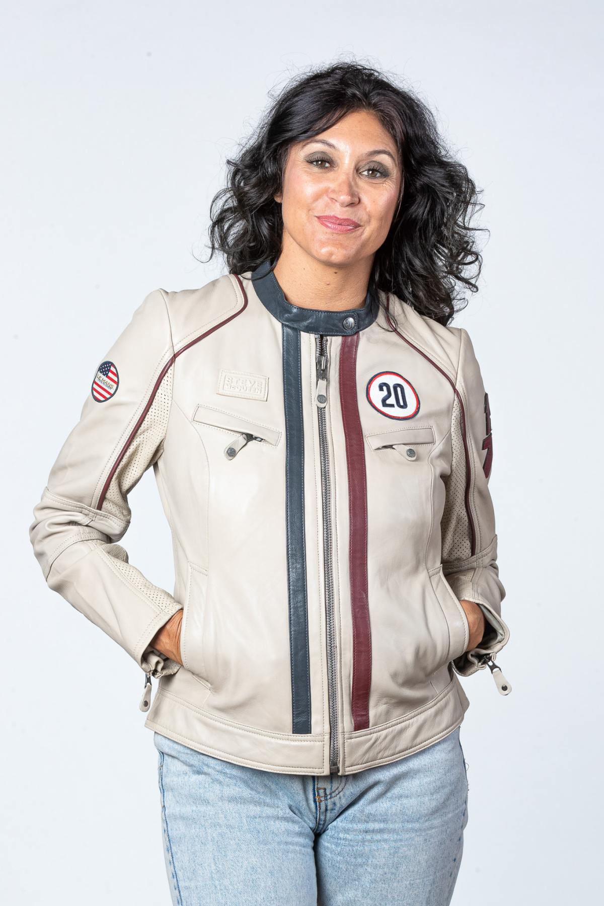 Women's ecru racing leather jacket - Image n°5