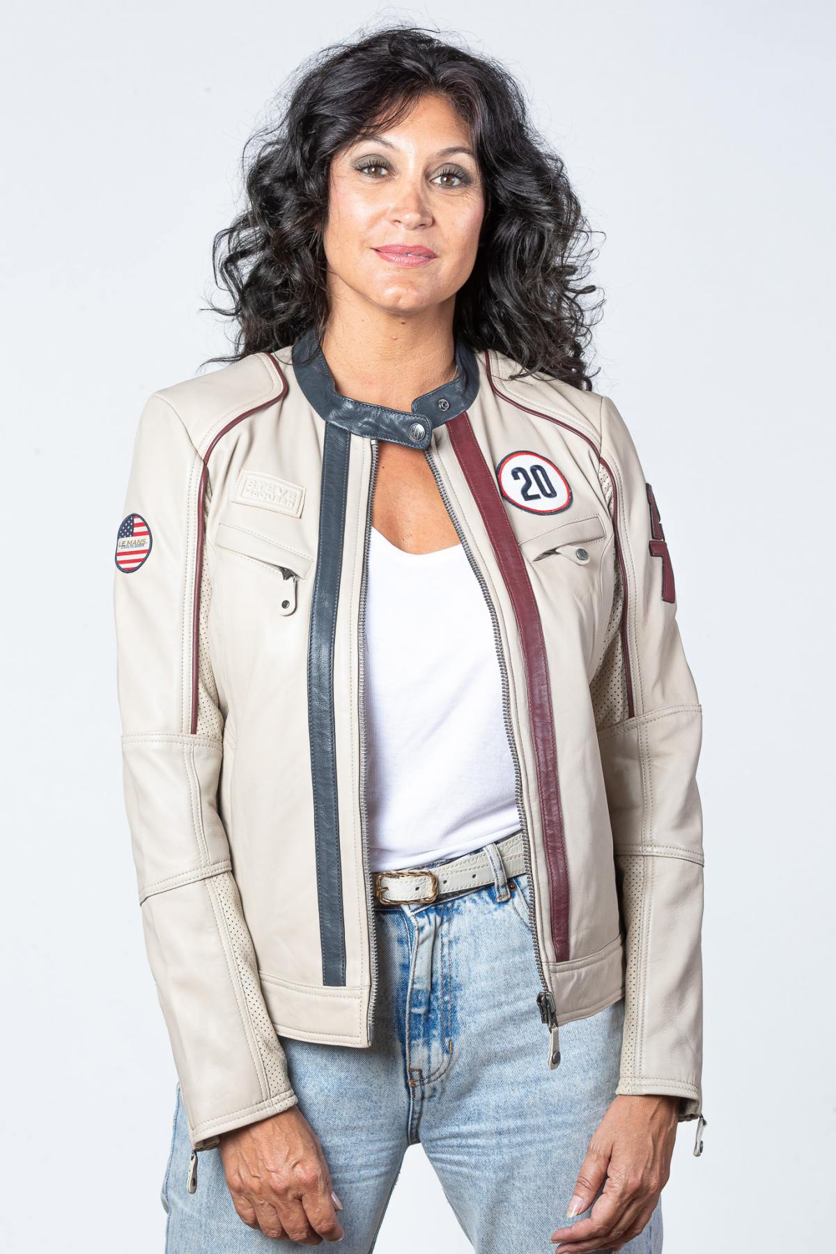 Women's ecru racing leather jacket - Image n°2