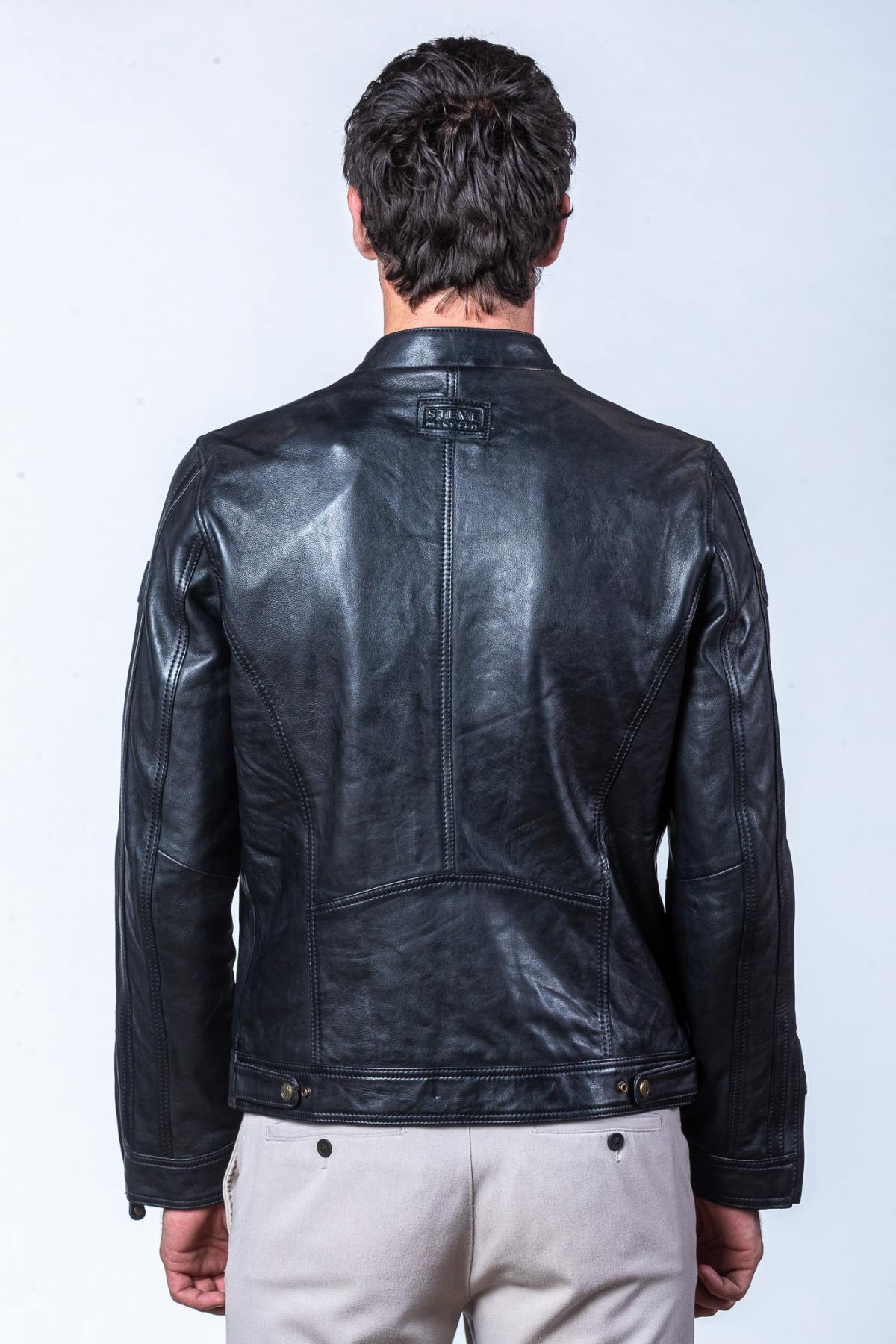 Men's black biker collar leather jacket - Image n°4