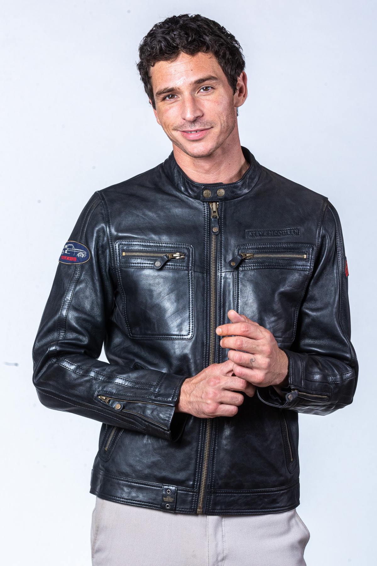 Men's black biker collar leather jacket - Image n°3