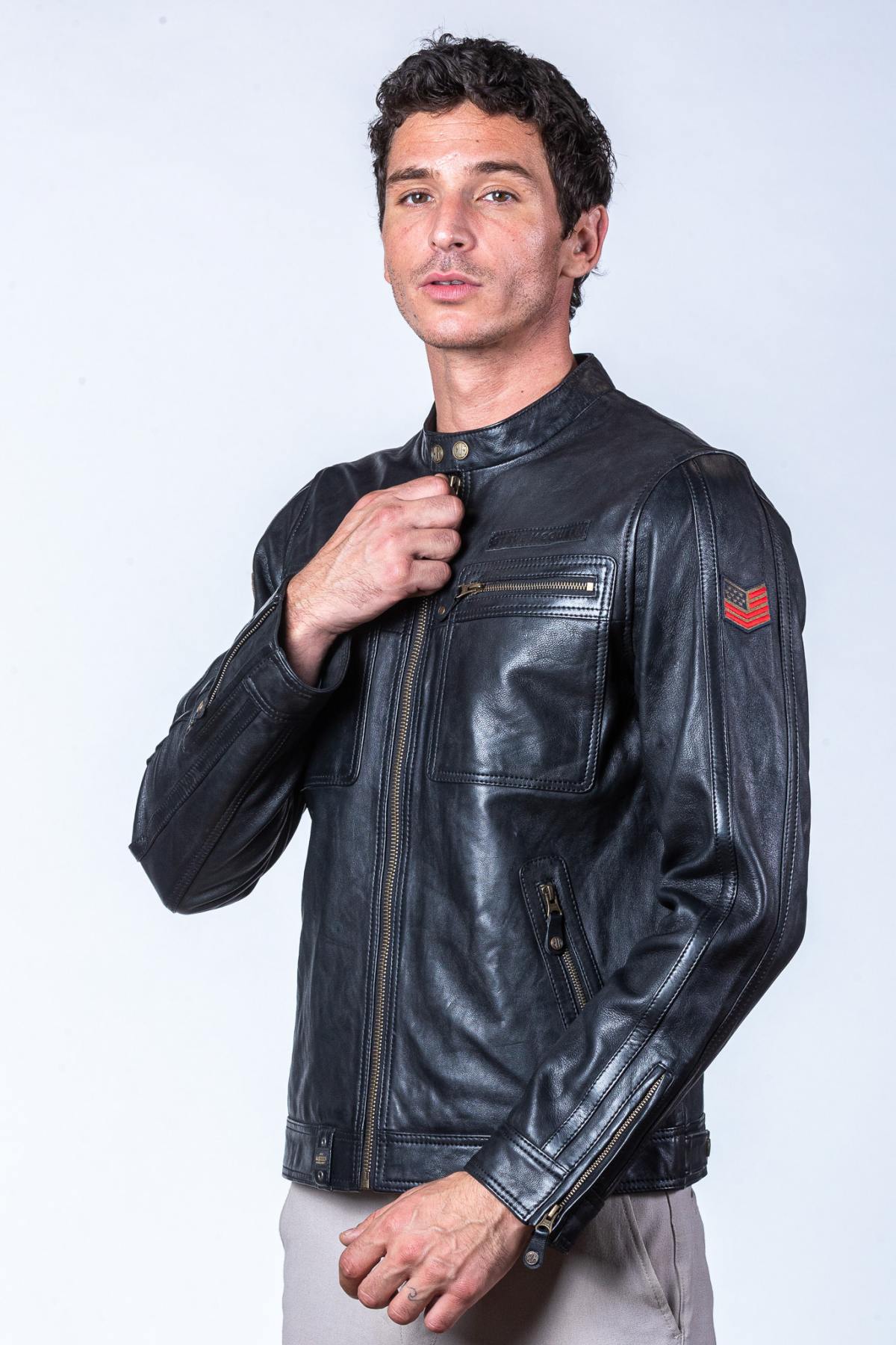 Men's black biker collar leather jacket - Image n°8