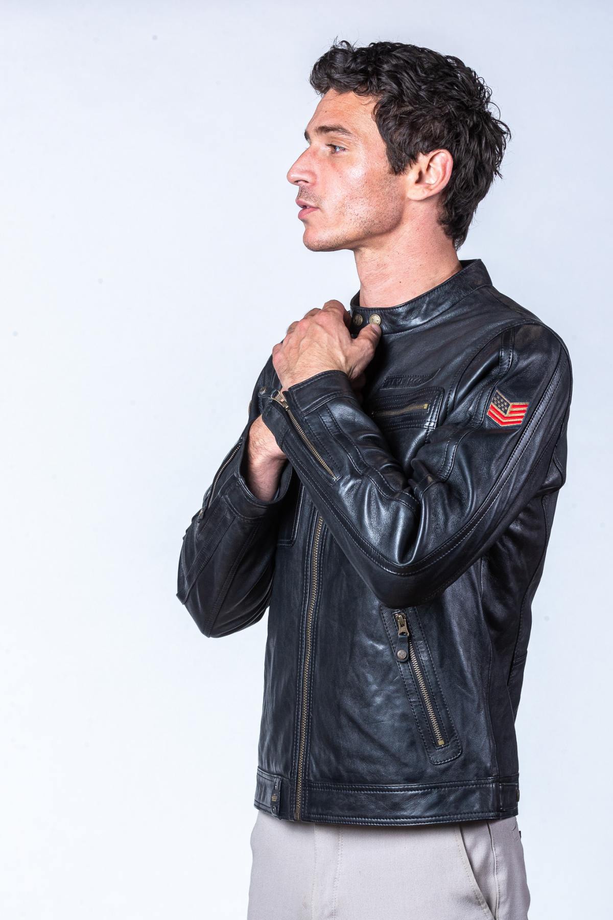 Men's black biker collar leather jacket - Image n°5