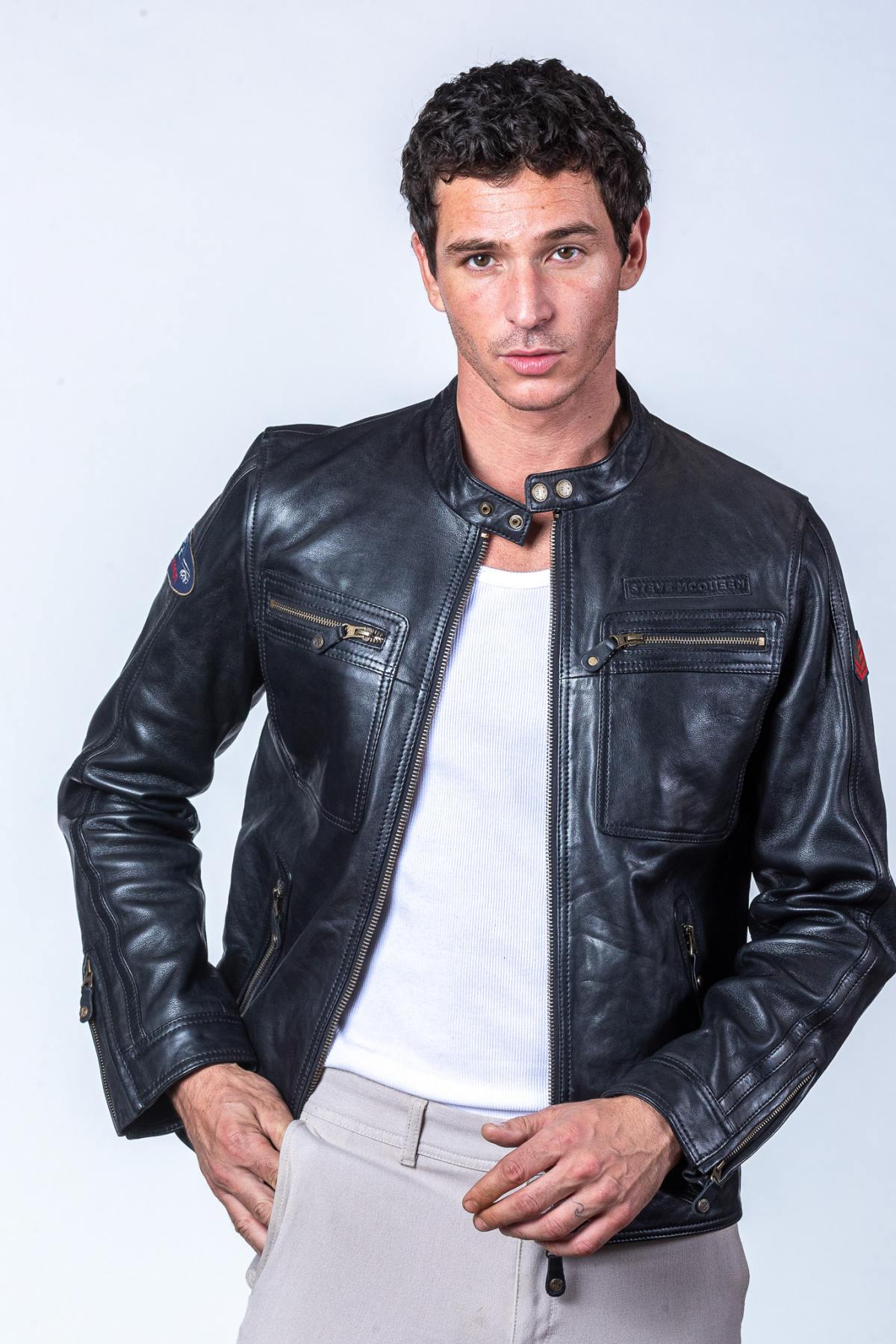 Men's black biker collar leather jacket - Image n°6