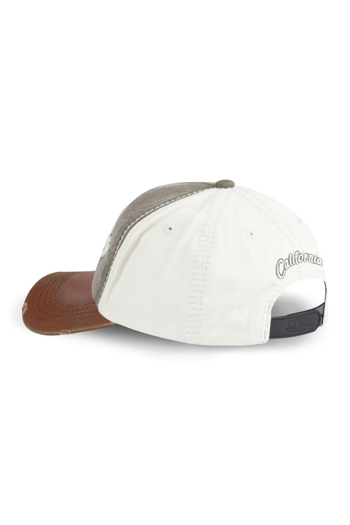 Embroidered cotton cap with worn effect in khaki, white and brown - Image n°3