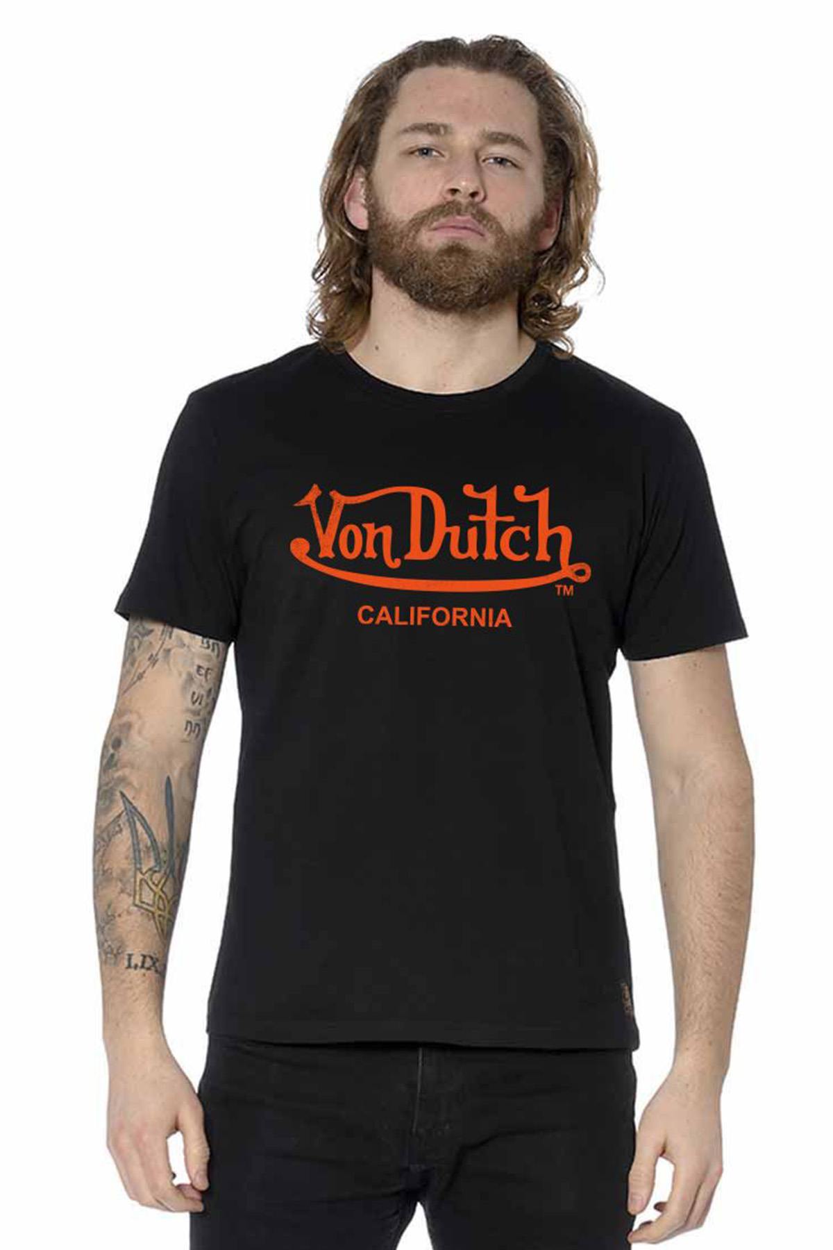 Black cotton t-shirt with orange logo - Image n°1