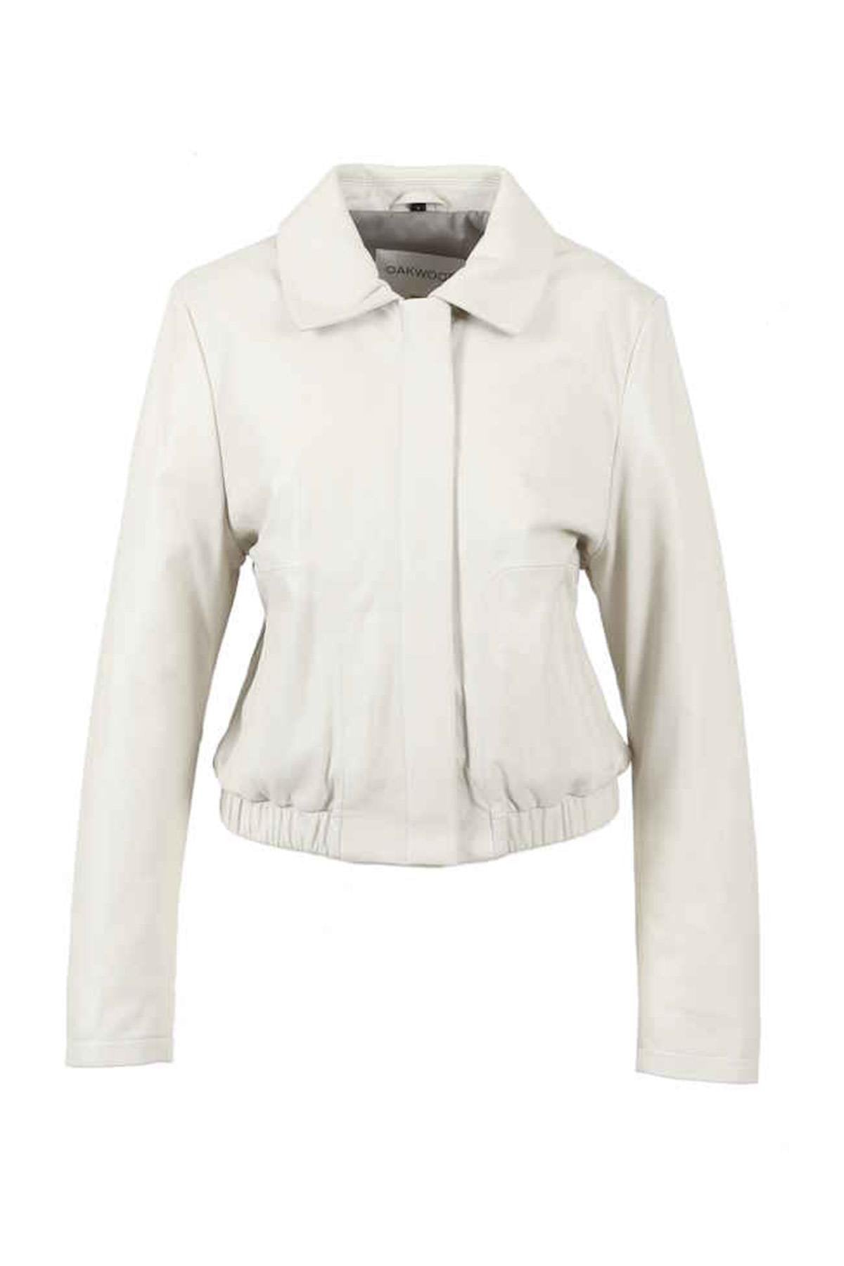 White leather jacket with shirt collar and tight waist - Image n°1