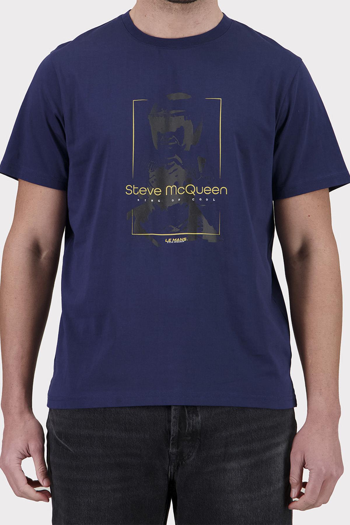 Navy Blue T-Shirt with Steve McQueen Graphic Illustration - Image n°1