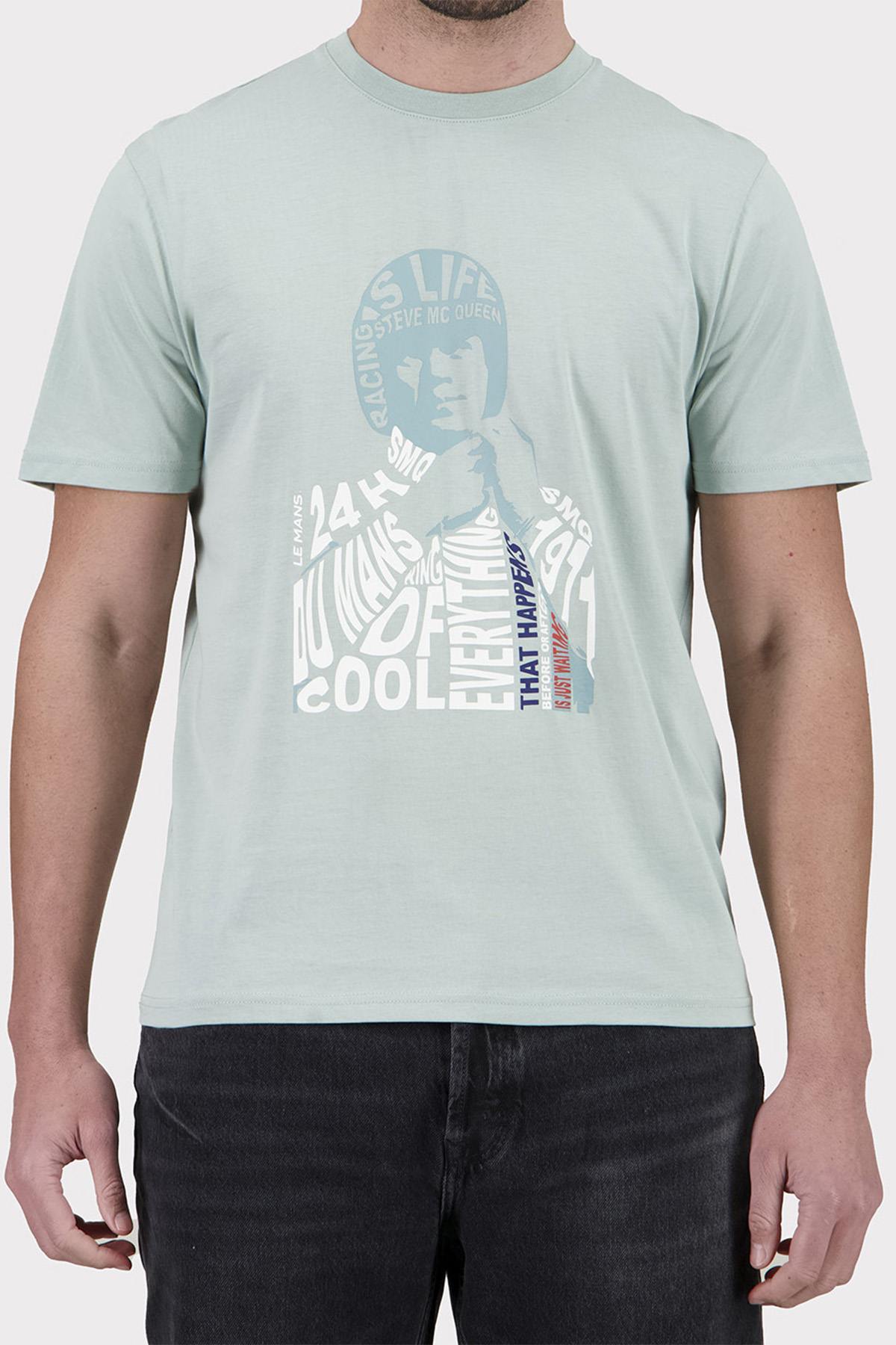 Turquoise blue t-shirt with Steve McQueen graphic illustration - Image n°1