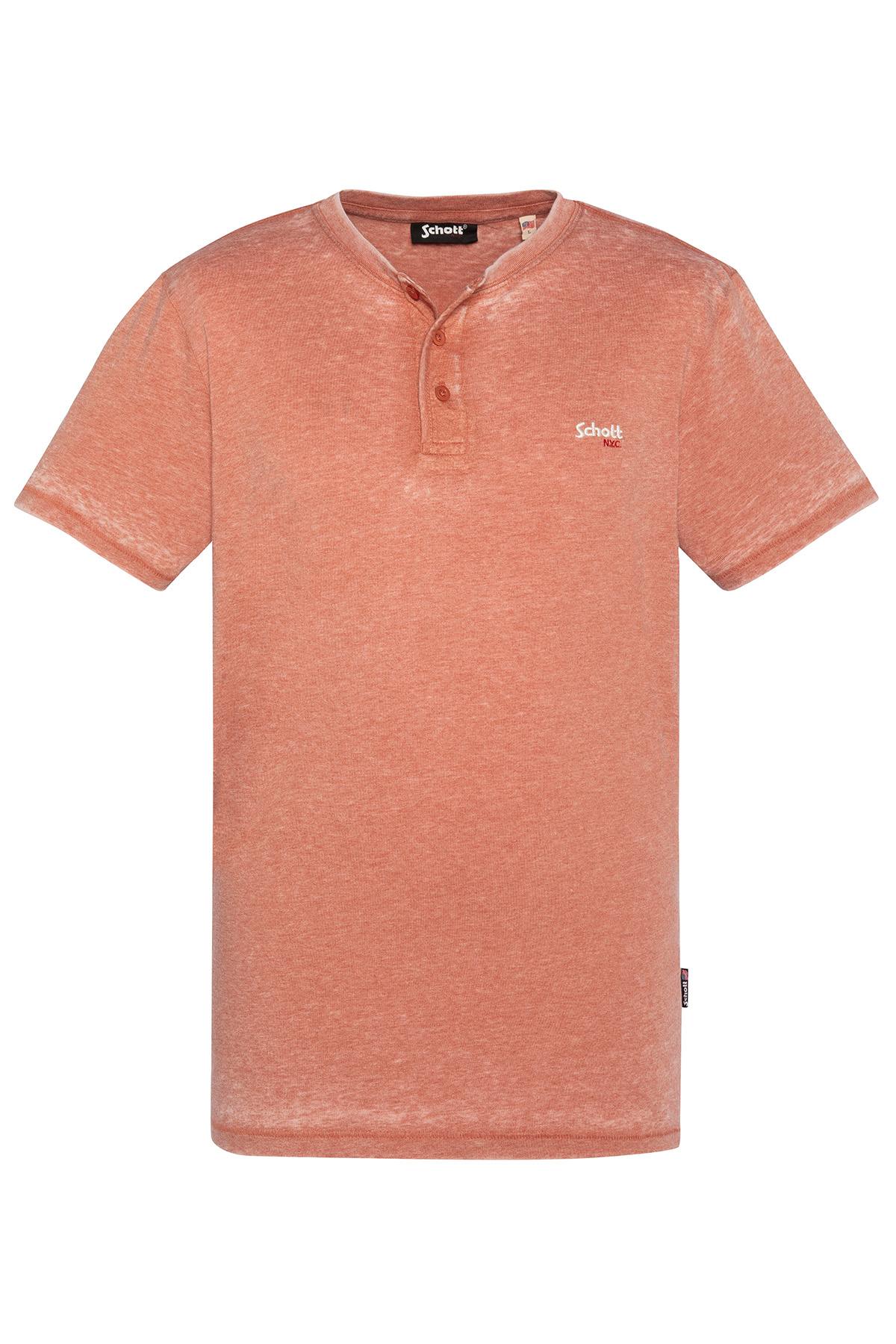 Rust-colored faded effect mandarin collar t-shirt - Image n°1