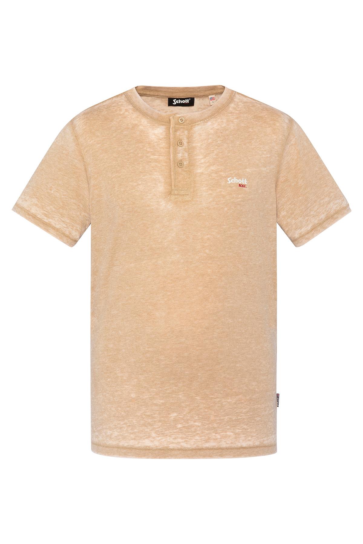 Beige washed effect mandarin collar t-shirt - Image n°1