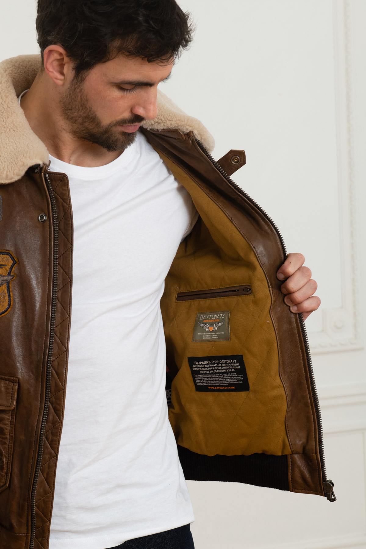 Men's bomber jacket in dark brown Daytona lambskin - Image n°13