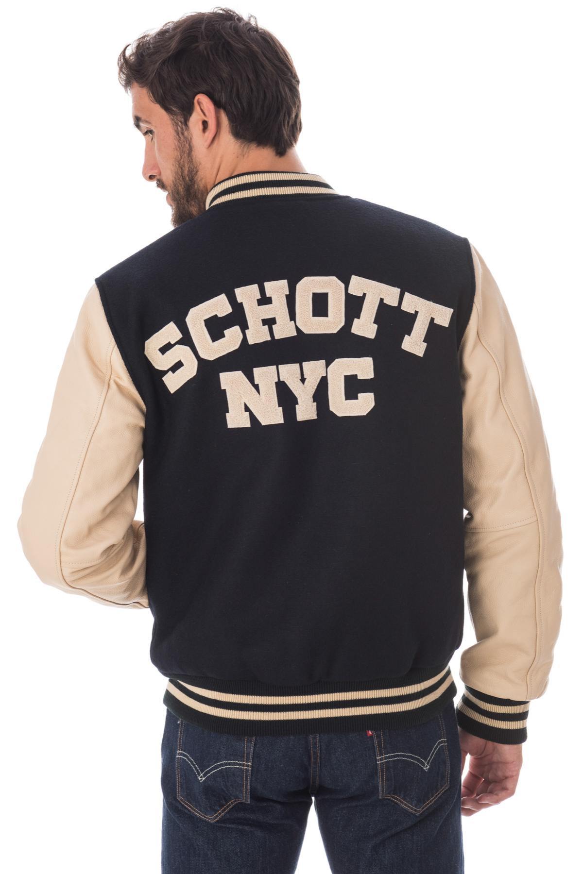 SCHOTT navy leather and wool men's teddy - Image n°2