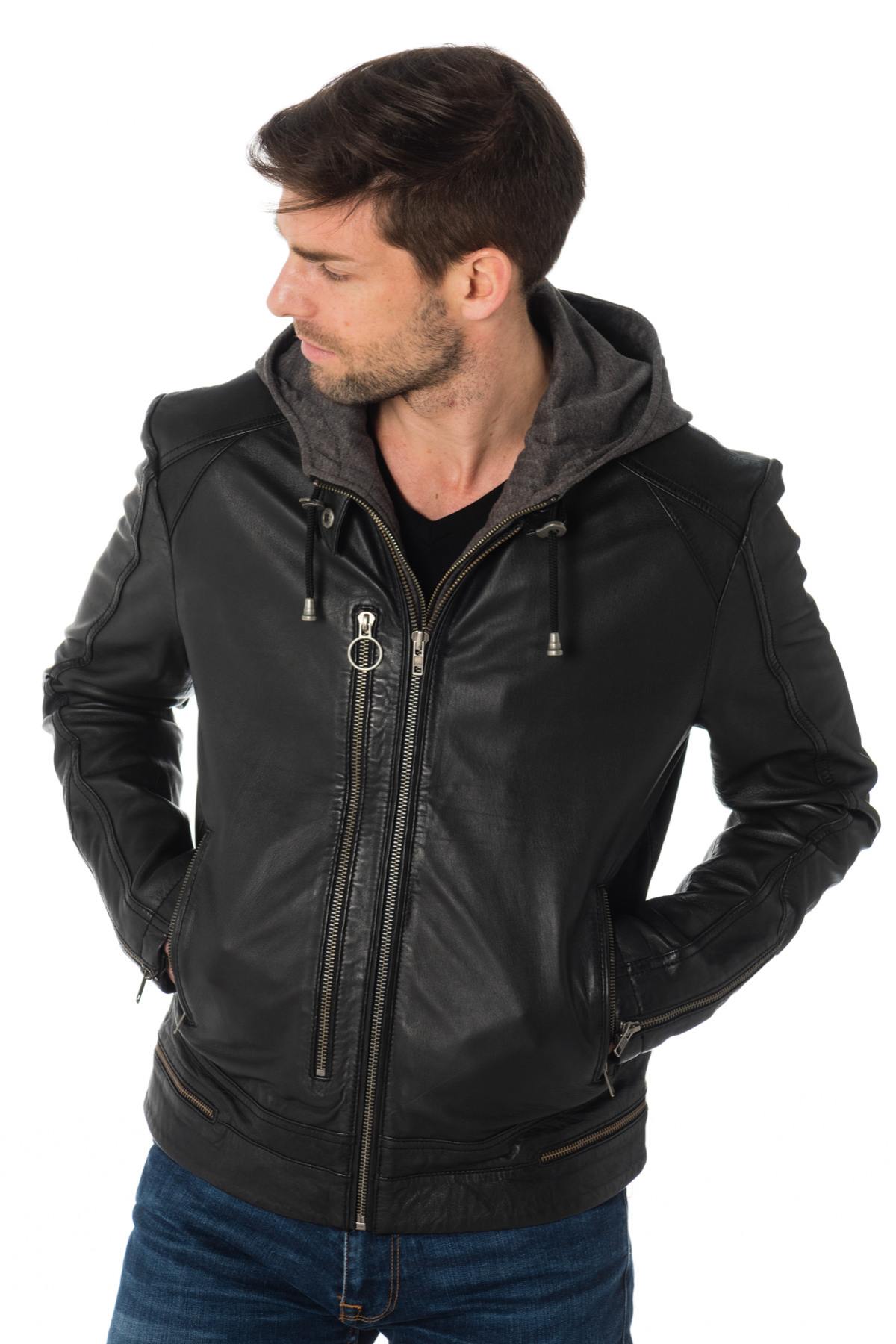 Men's leather jacket with hood - Image n°1