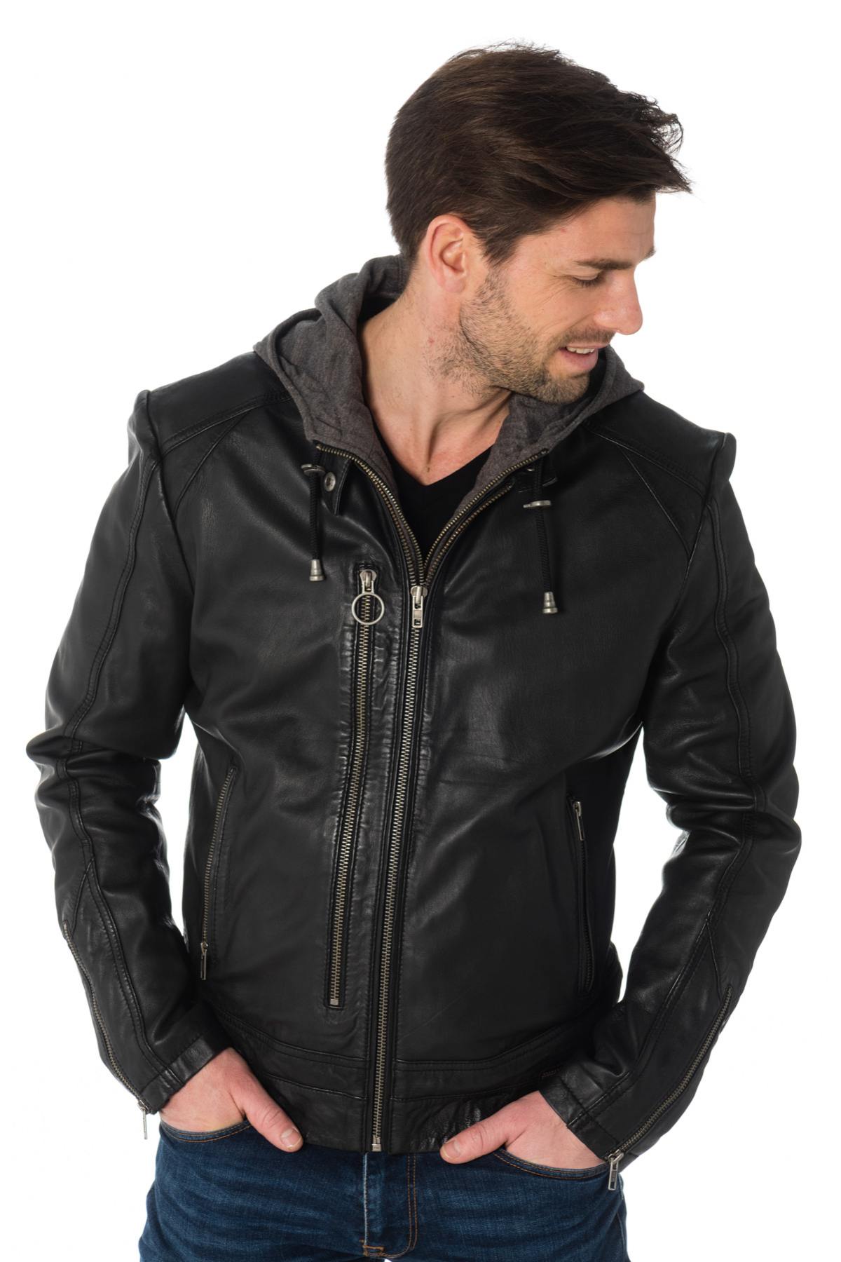 Men's leather jacket with hood - Image n°2