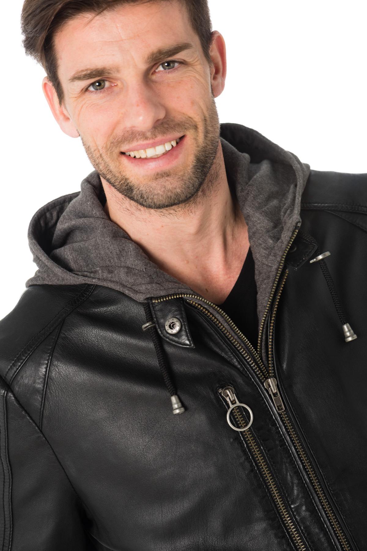 Men's leather jacket with hood - Image n°4