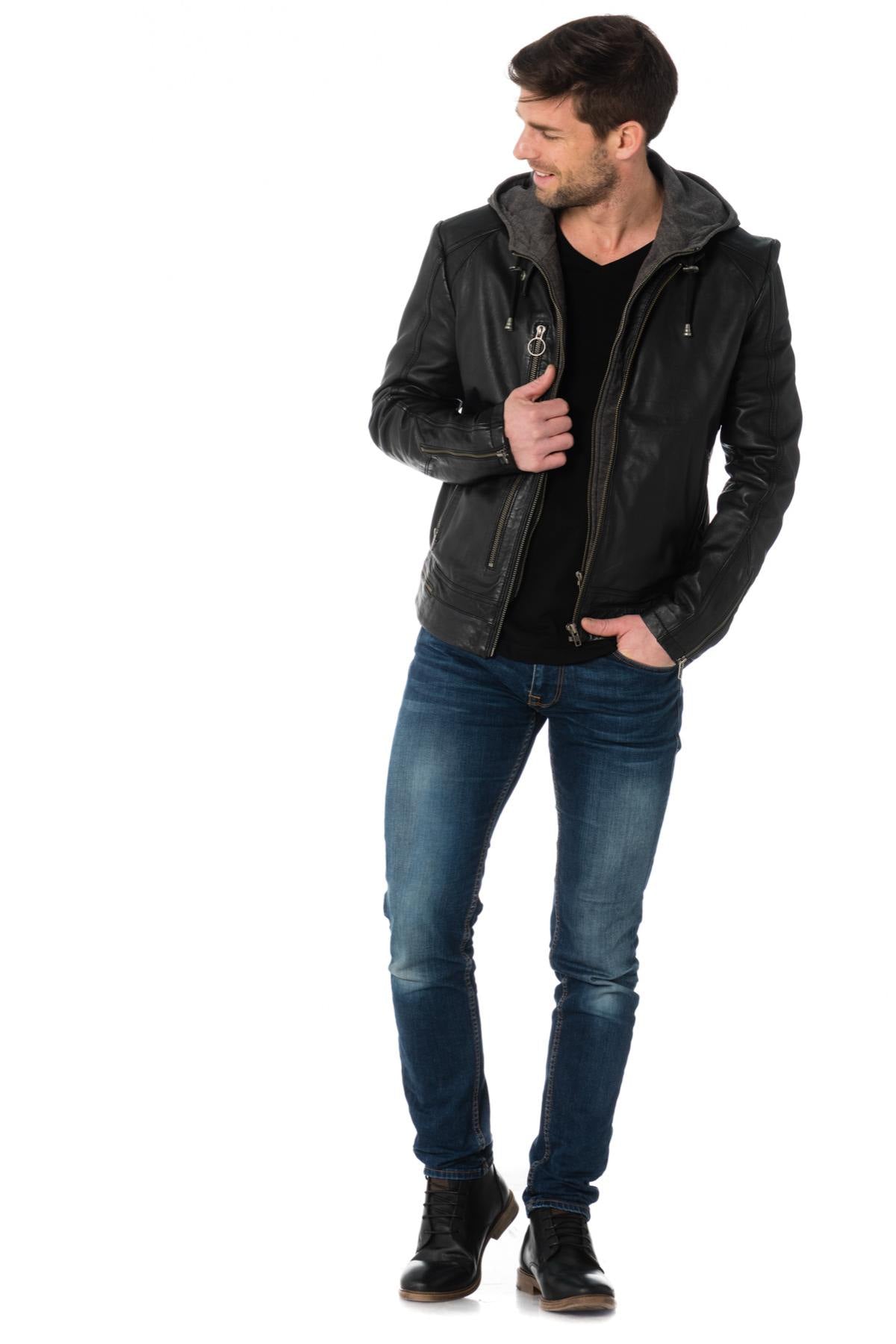 Men's leather jacket with hood - Image n°5