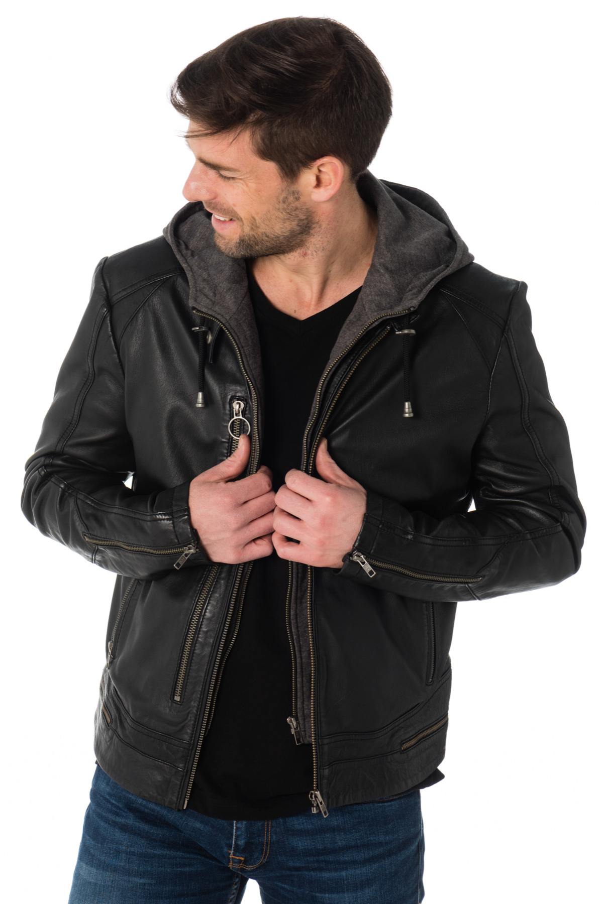 Men's leather jacket with hood - Image n°6