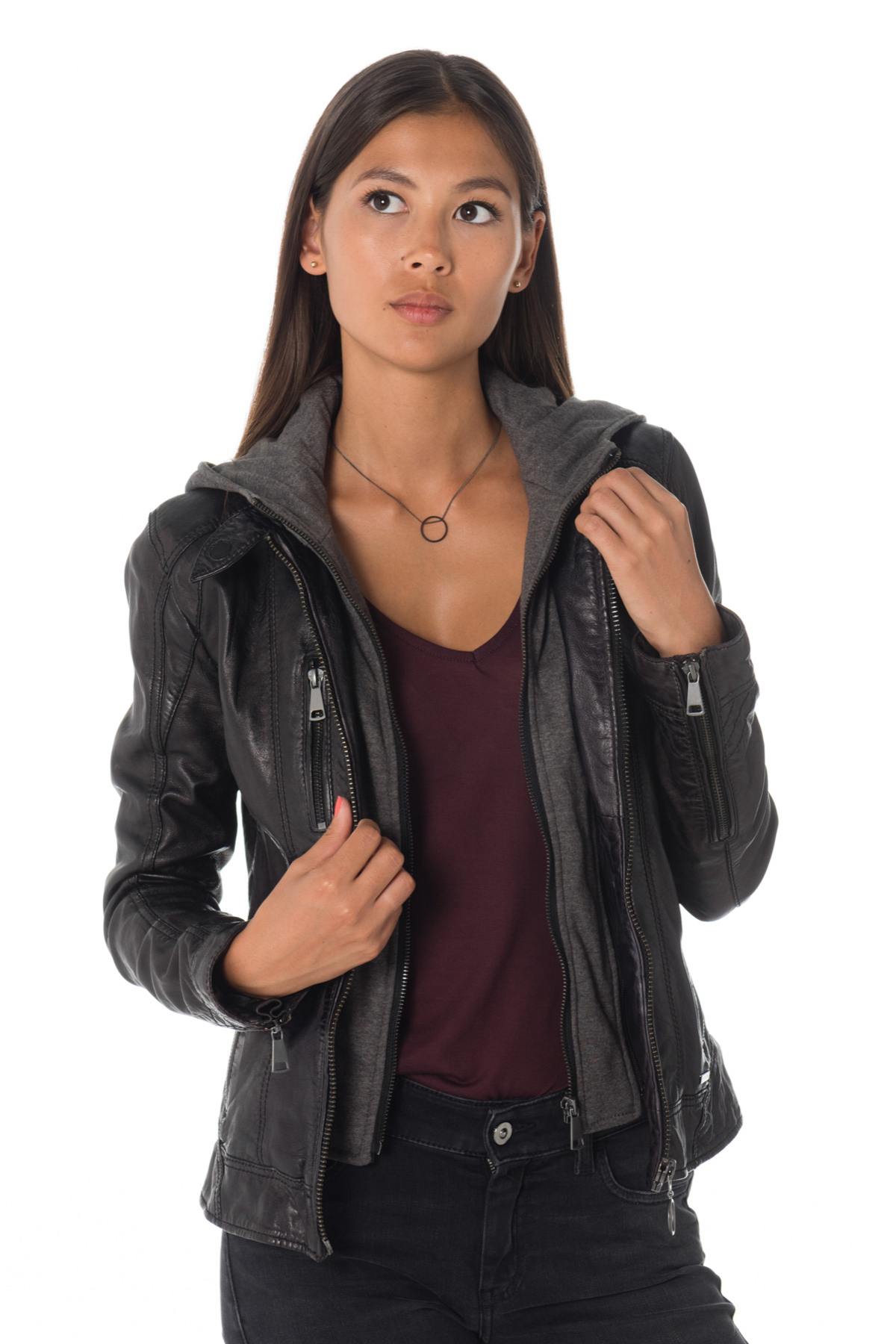 Women's black leather jacket with cityzen hood - Image n°3