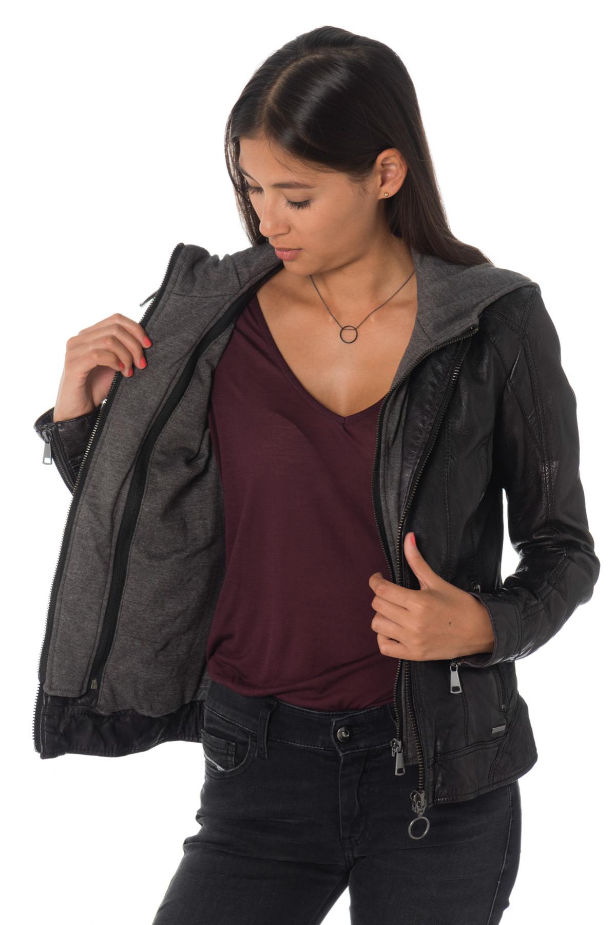 Women's black leather jacket with cityzen hood - Image n°4