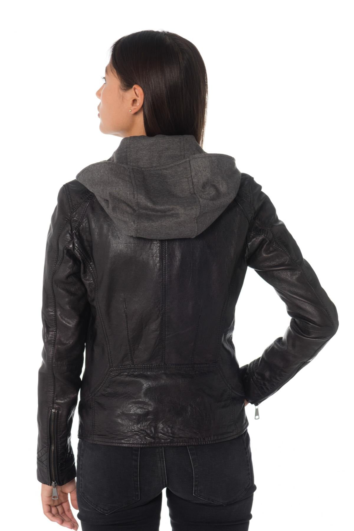 Women's black leather jacket with cityzen hood - Image n°5