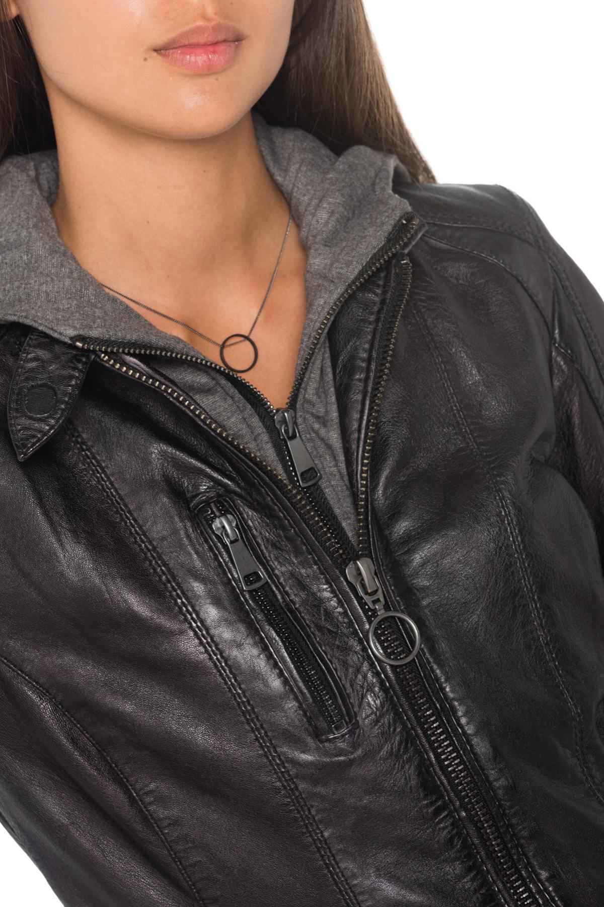 Women's black leather jacket with cityzen hood - Image n°7