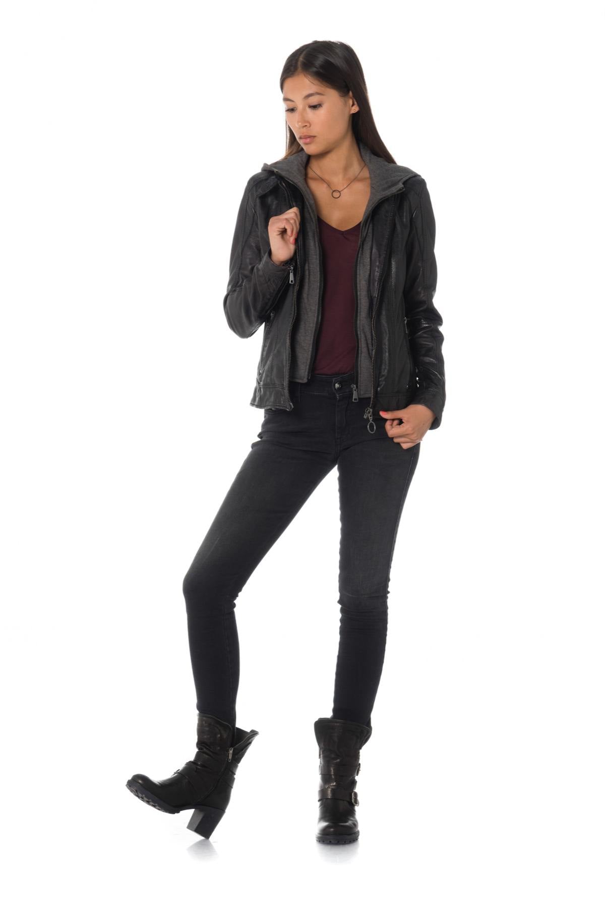 Women's black leather jacket with cityzen hood - Image n°2