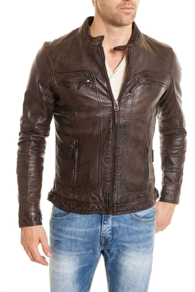 Oakwood Distressed Look Biker Collar Jacket for Men Brown - Image n°1