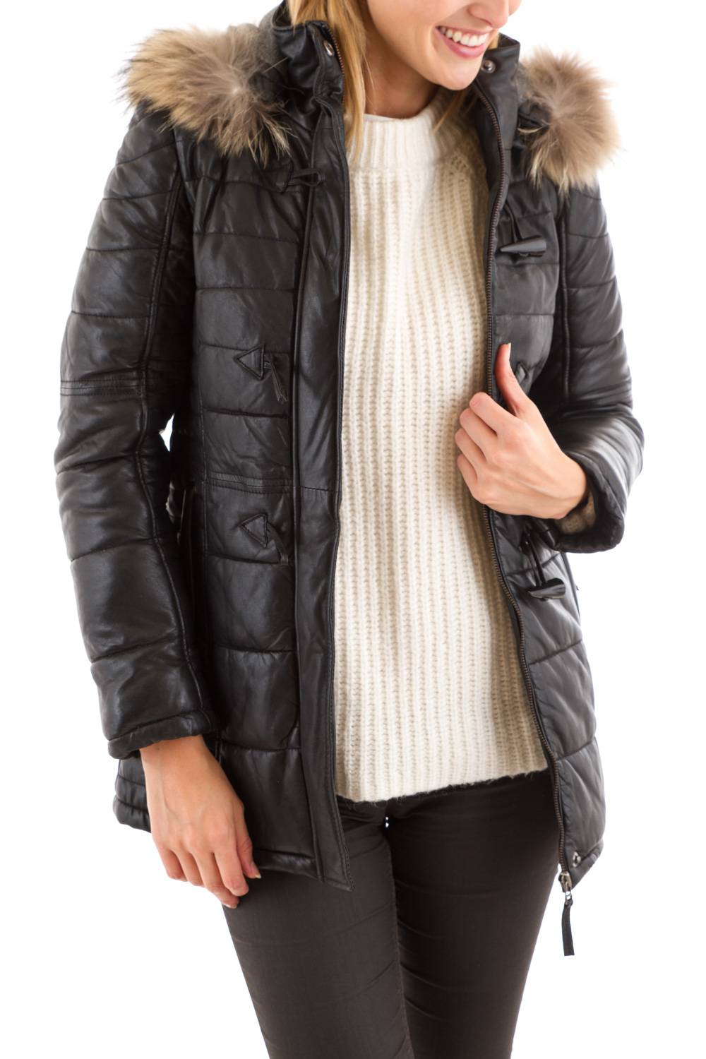 Arturo Duffle Coat style down jacket in black leather for Women - Image n°2