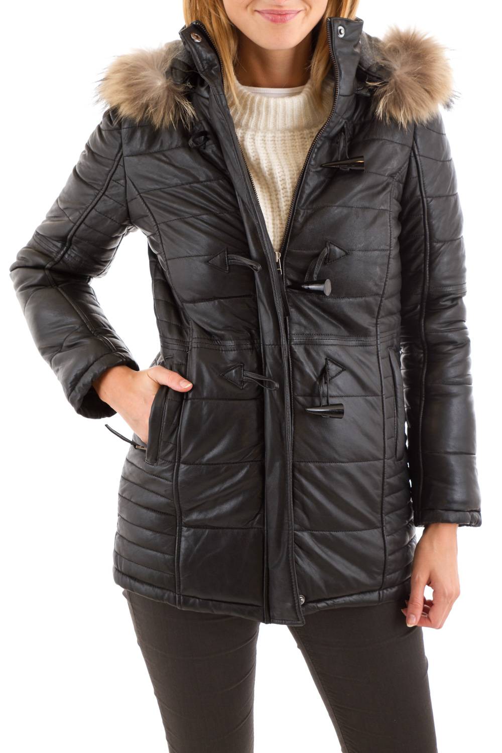 Arturo Duffle Coat style down jacket in black leather for Women - Image n°1