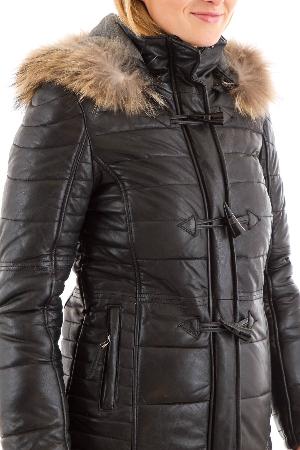 Arturo Duffle Coat style down jacket in black leather for Women - Image n°3