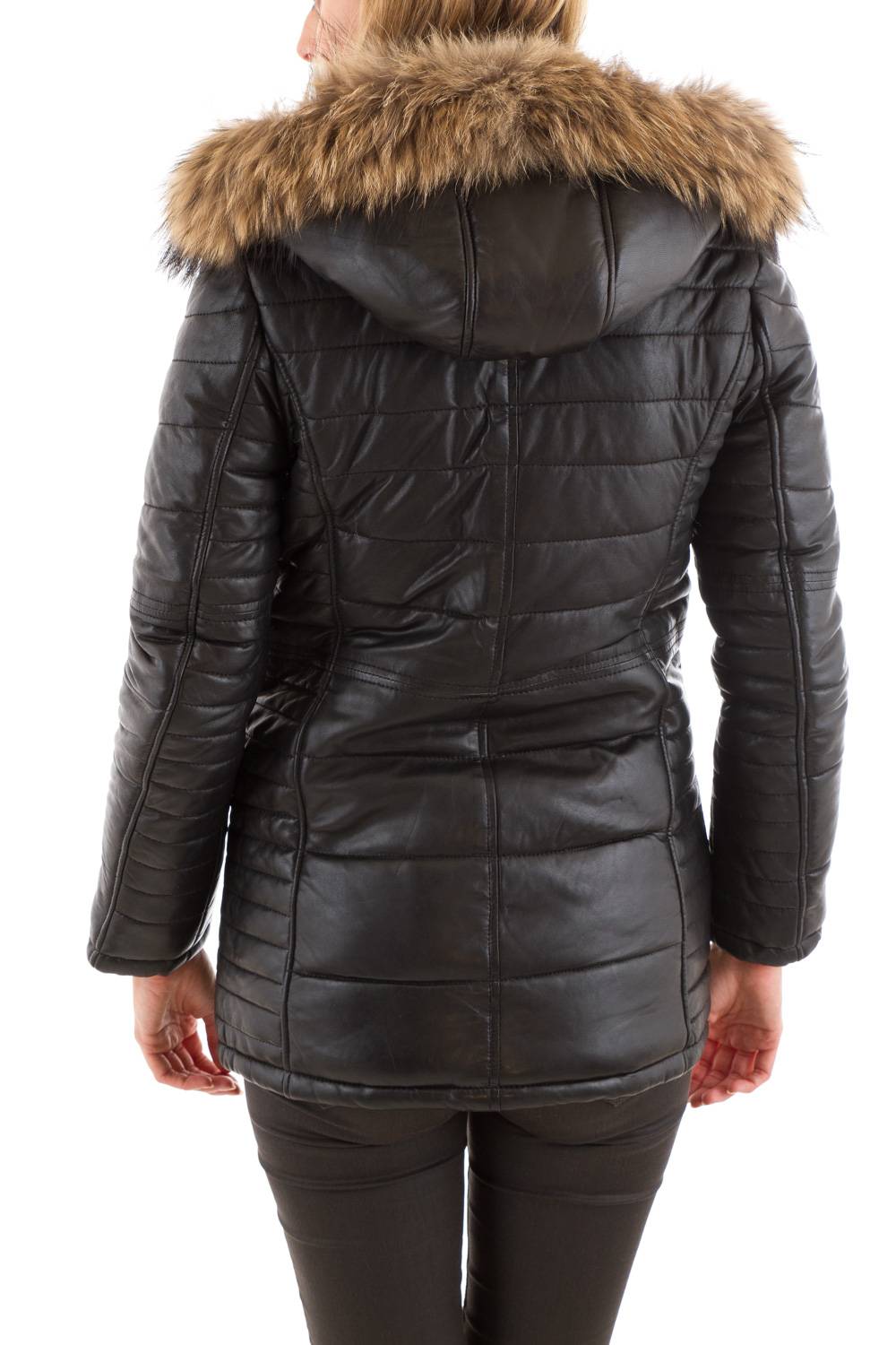 Arturo Duffle Coat style down jacket in black leather for Women - Image n°5