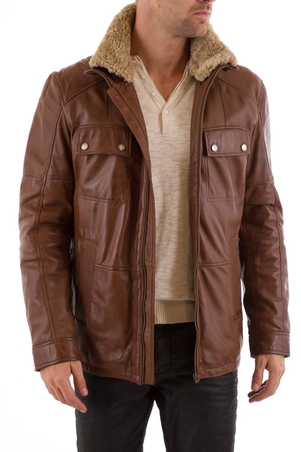 Men's sheepskin leather jacket Enato Cognac - Image n°2