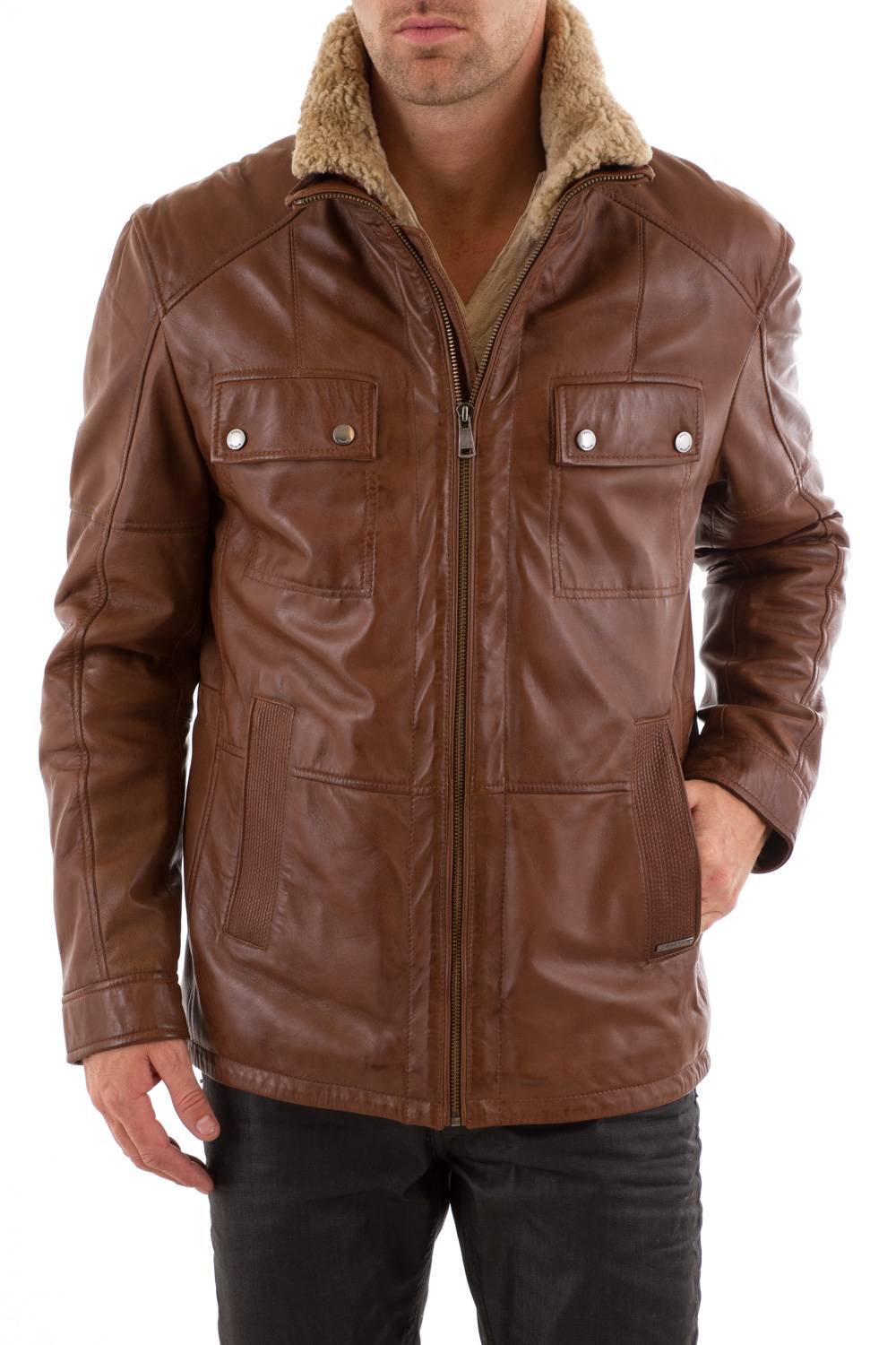 Men's sheepskin leather jacket Enato Cognac - Image n°1