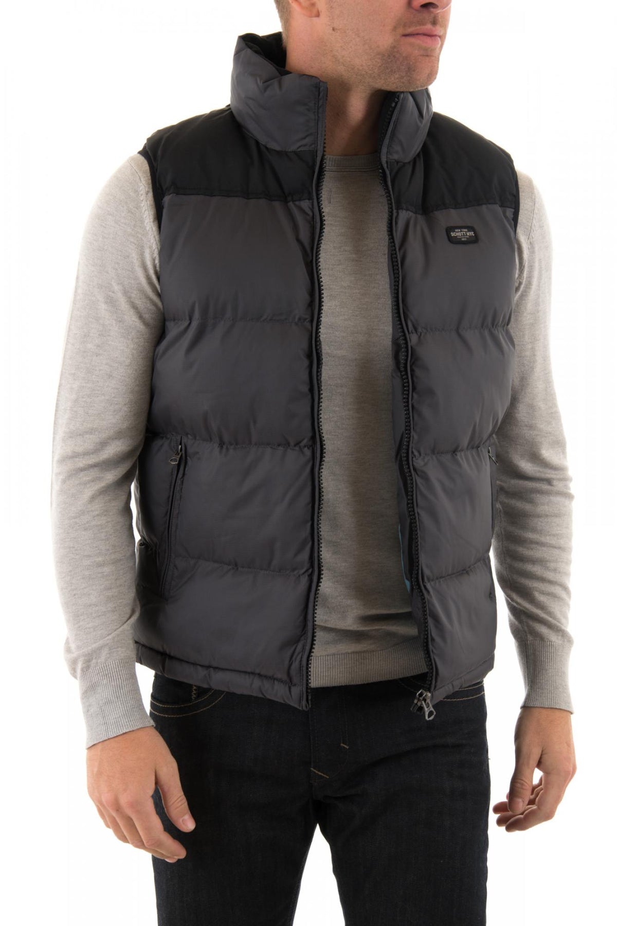 Schott sleeveless down jacket in anthracite and black nylon - Image n°1