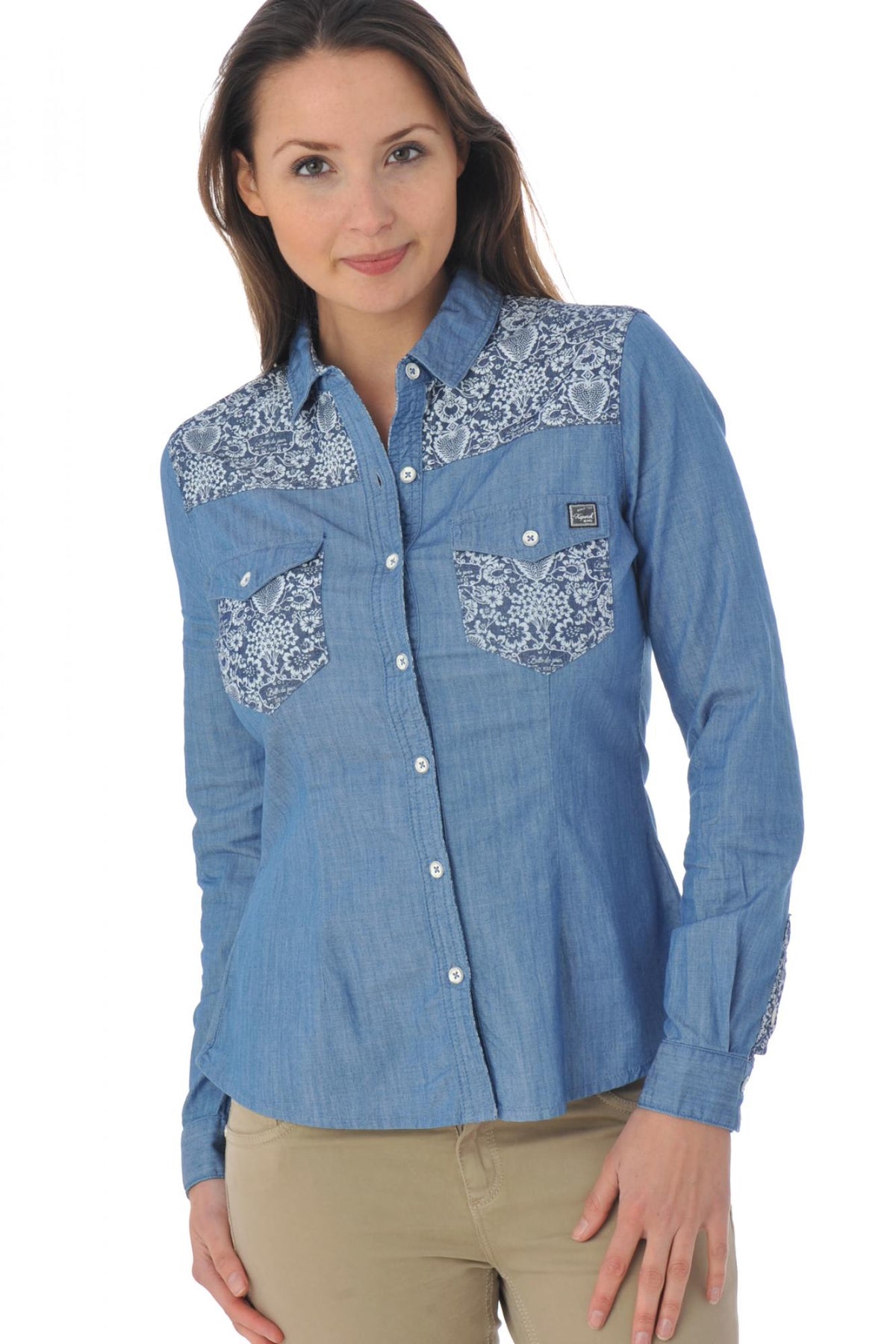 Women's denim blue shirt with floral pattern - Image n°3