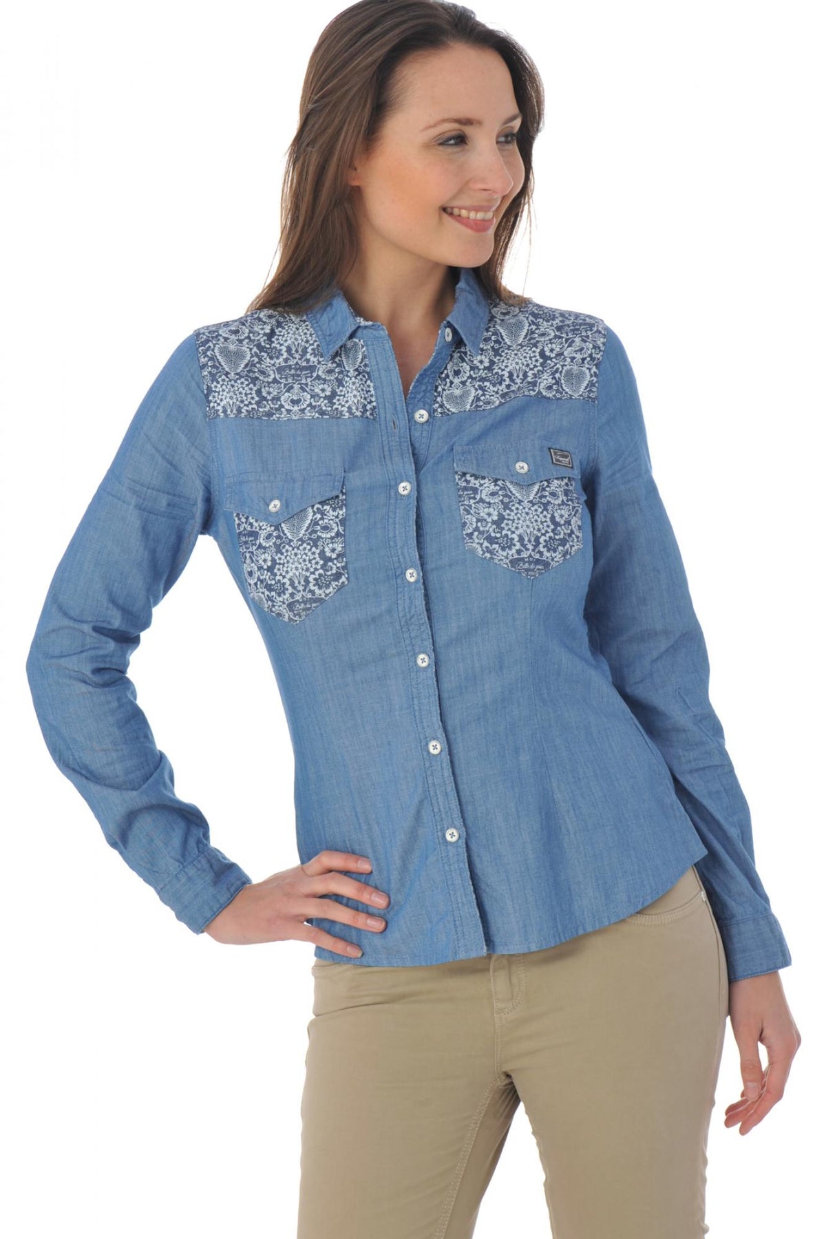 Women's denim blue shirt with floral pattern - Image n°1