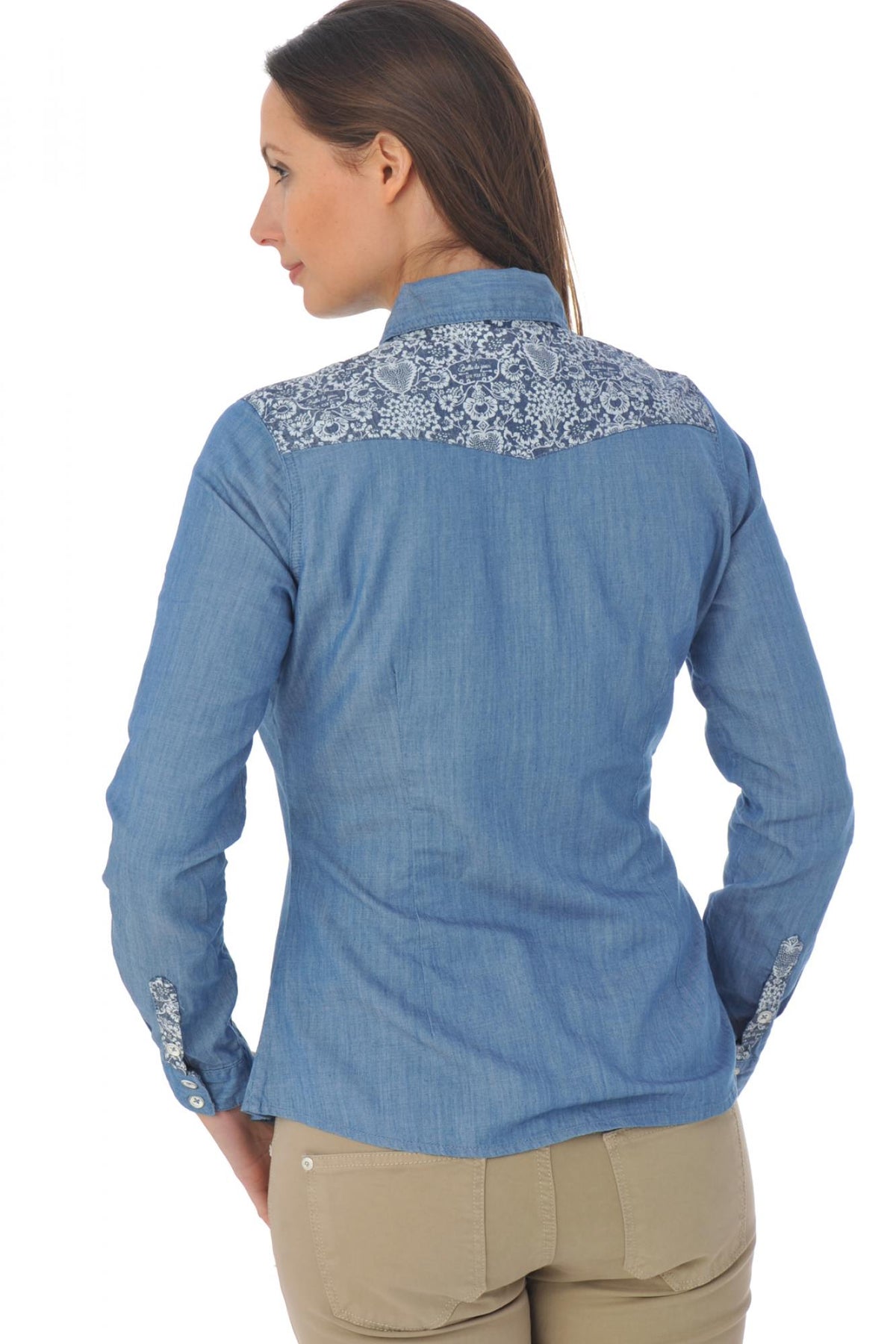 Women's denim blue shirt with floral pattern - Image n°4