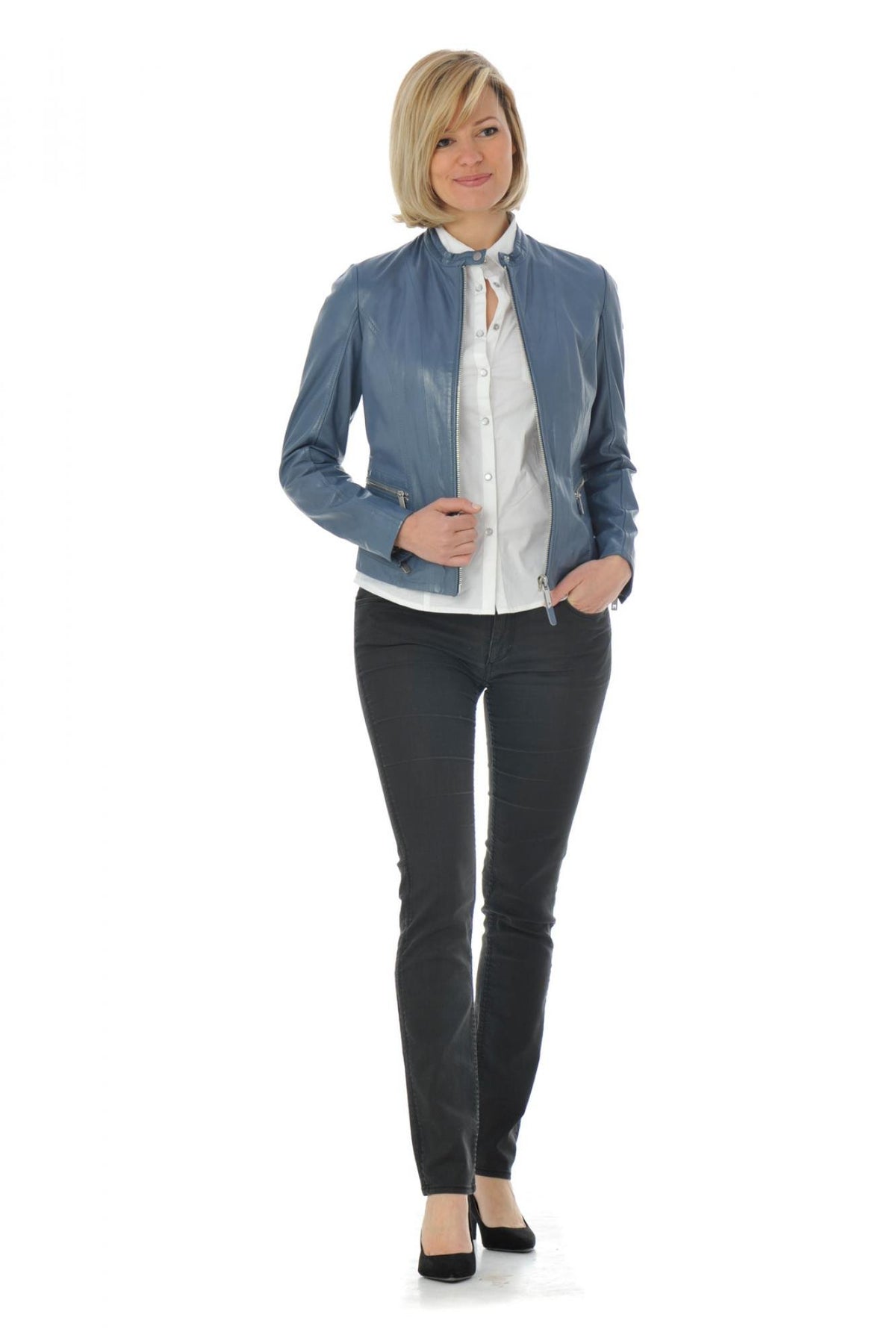  Women's blue lambskin leather jacket - Image n°2