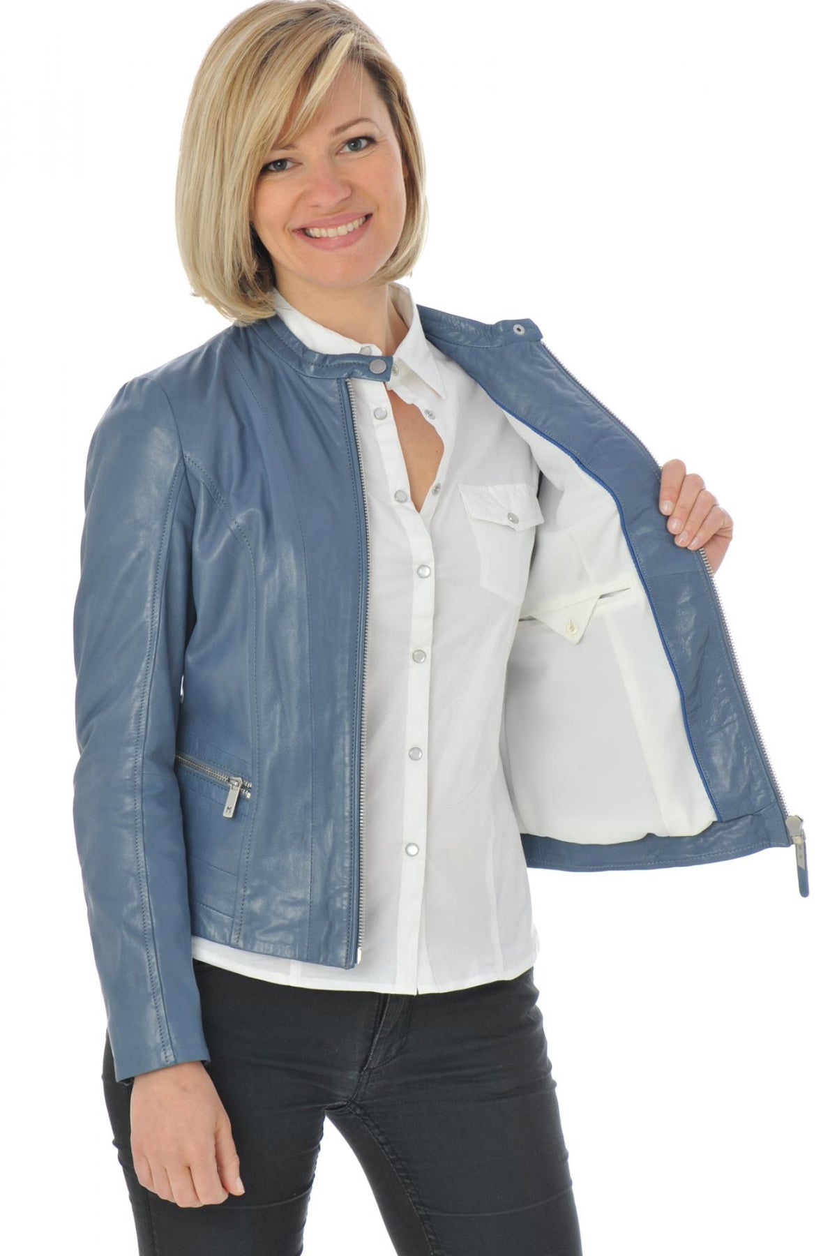  Women's blue lambskin leather jacket - Image n°3