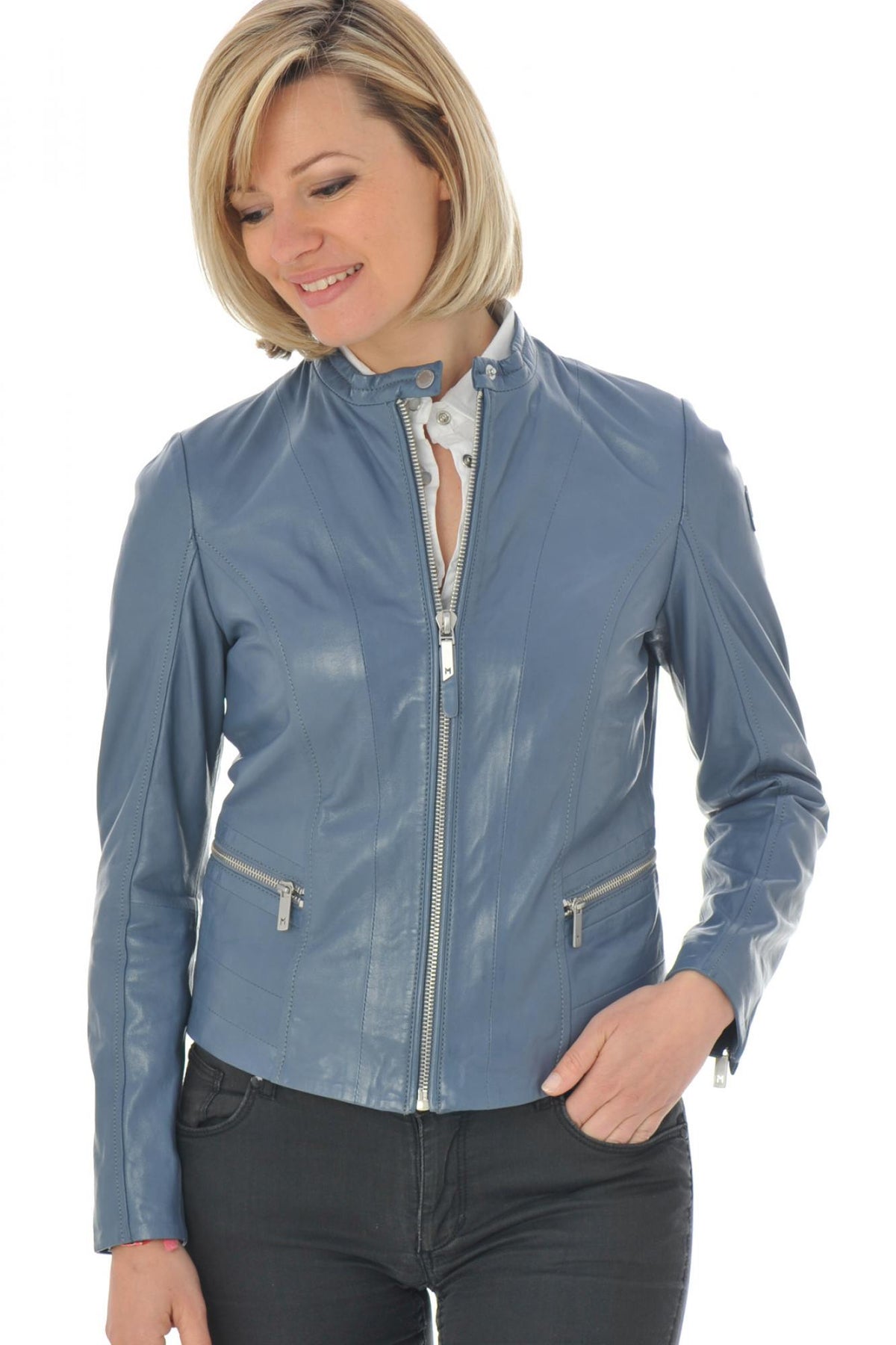  Women's blue lambskin leather jacket - Image n°4