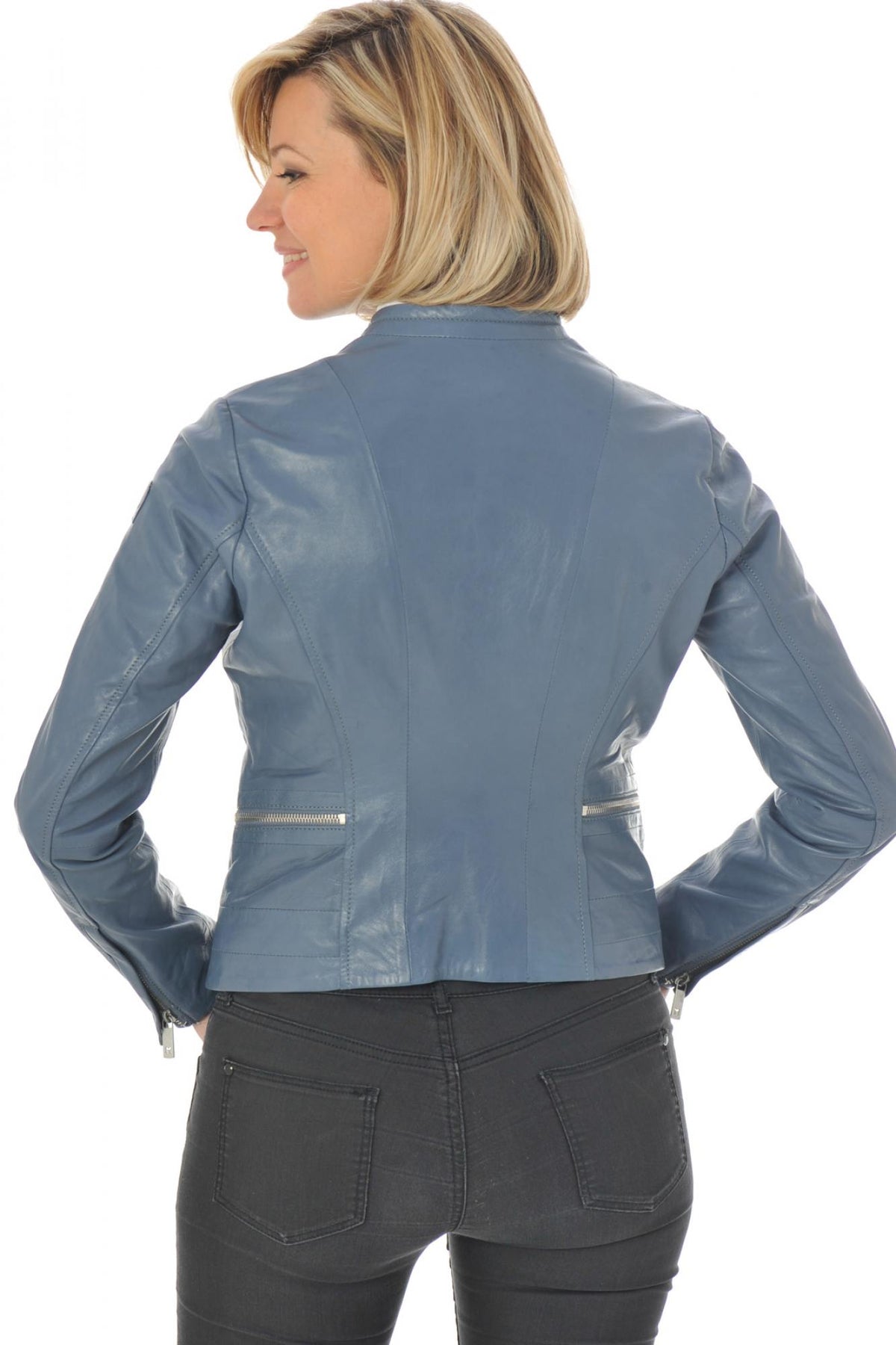  Women's blue lambskin leather jacket - Image n°5