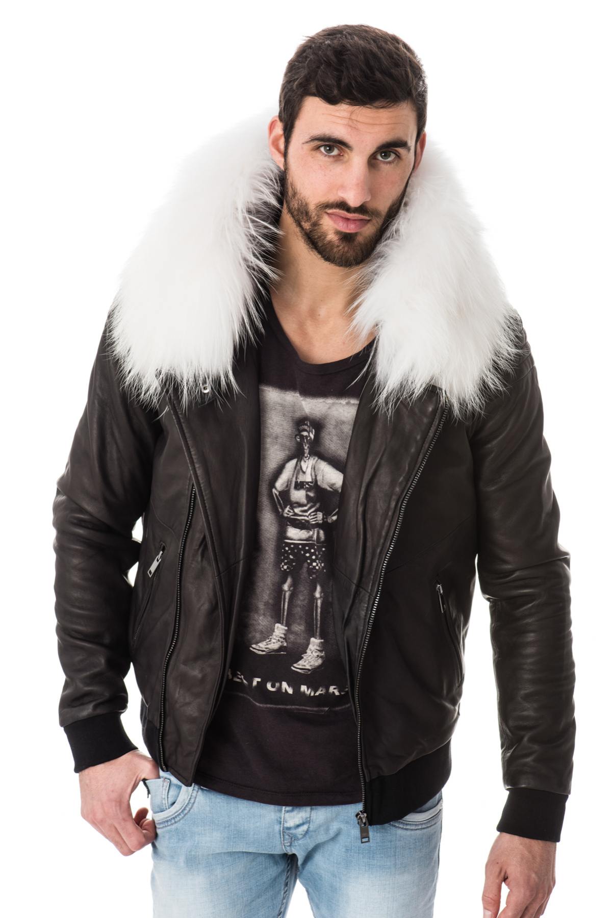 Jacket with hood in white raccoon fur - Image n°1