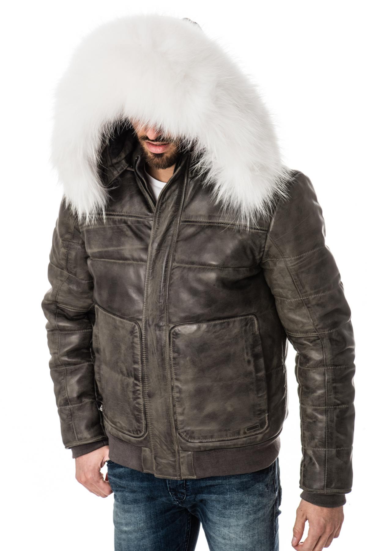 Cityzen aged gray leather down jacket for men - Image n°7