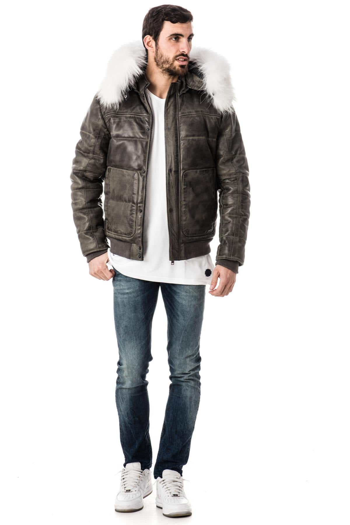 Cityzen aged gray leather down jacket for men - Image n°3