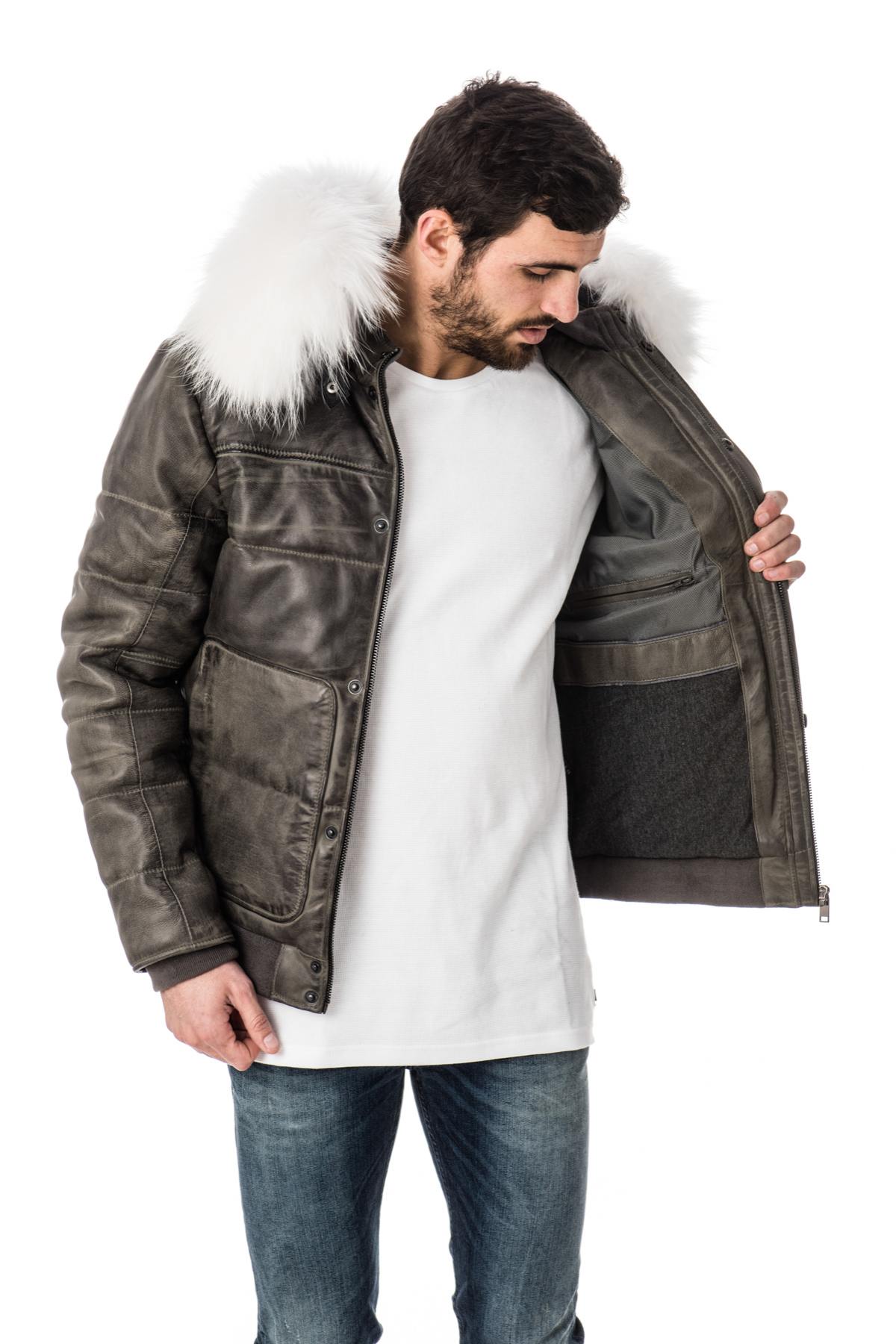 Cityzen aged gray leather down jacket for men - Image n°4