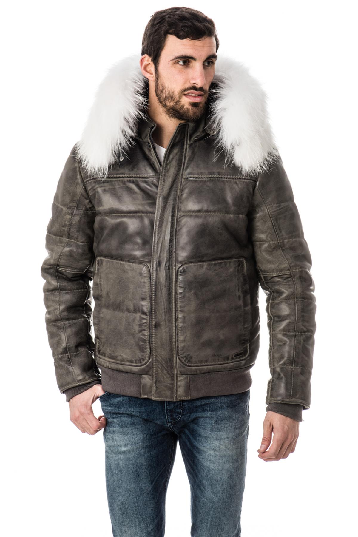 Cityzen aged gray leather down jacket for men - Image n°5