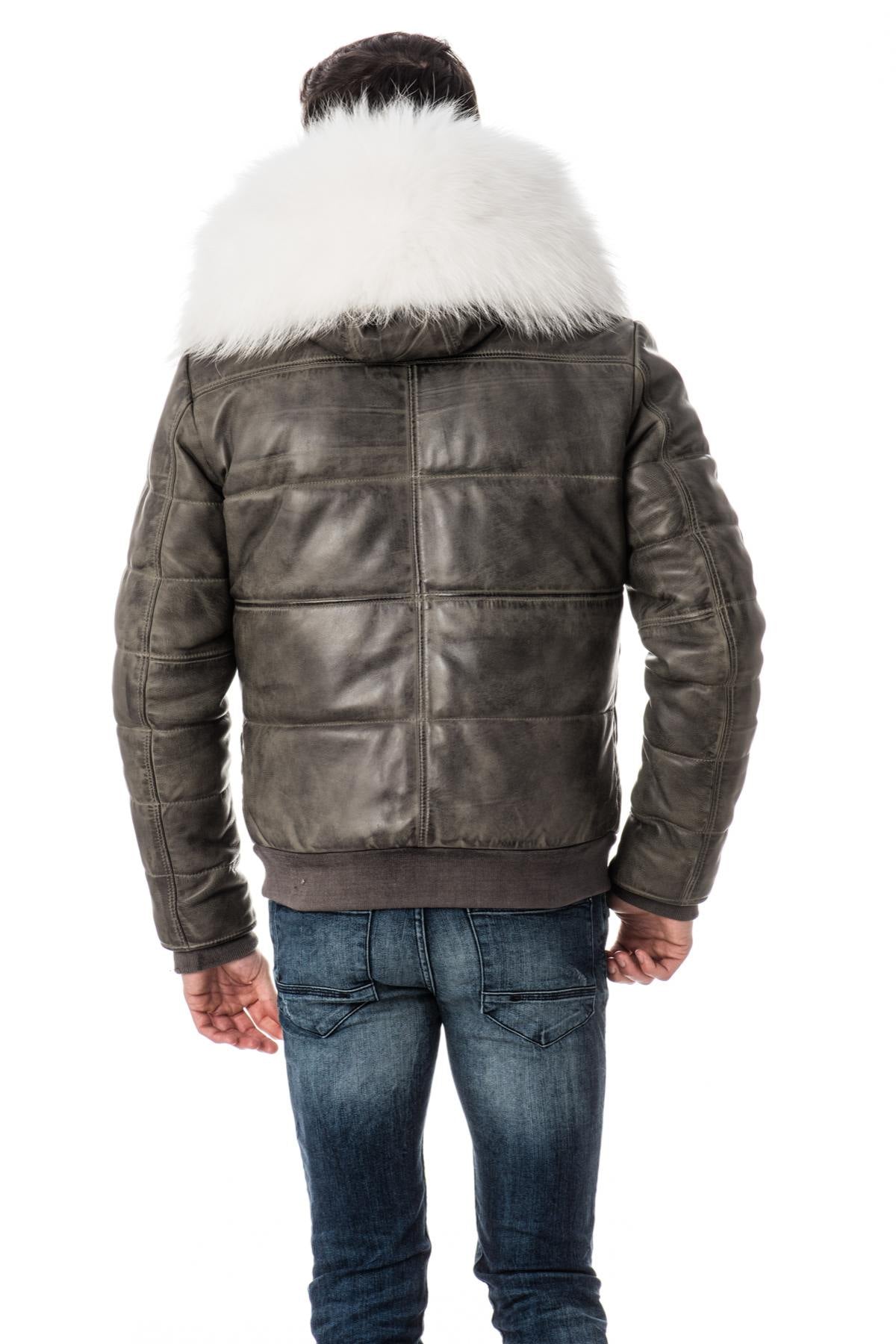 Cityzen aged gray leather down jacket for men - Image n°6